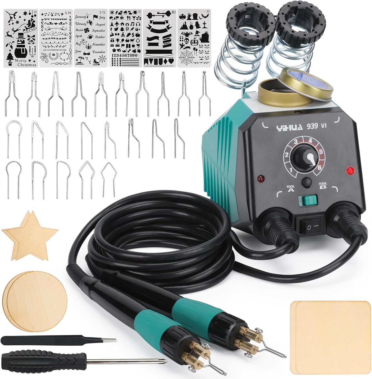 939-VI Dual Wood Burning Pen Wood Burning Kit with 23 Wire Nib in Varied Shapes, Detachable Pyrography Pen, 6 Wood Pieces, 6 Stencils and Screw Driver, Tweezers Used as Wood Burning Tool