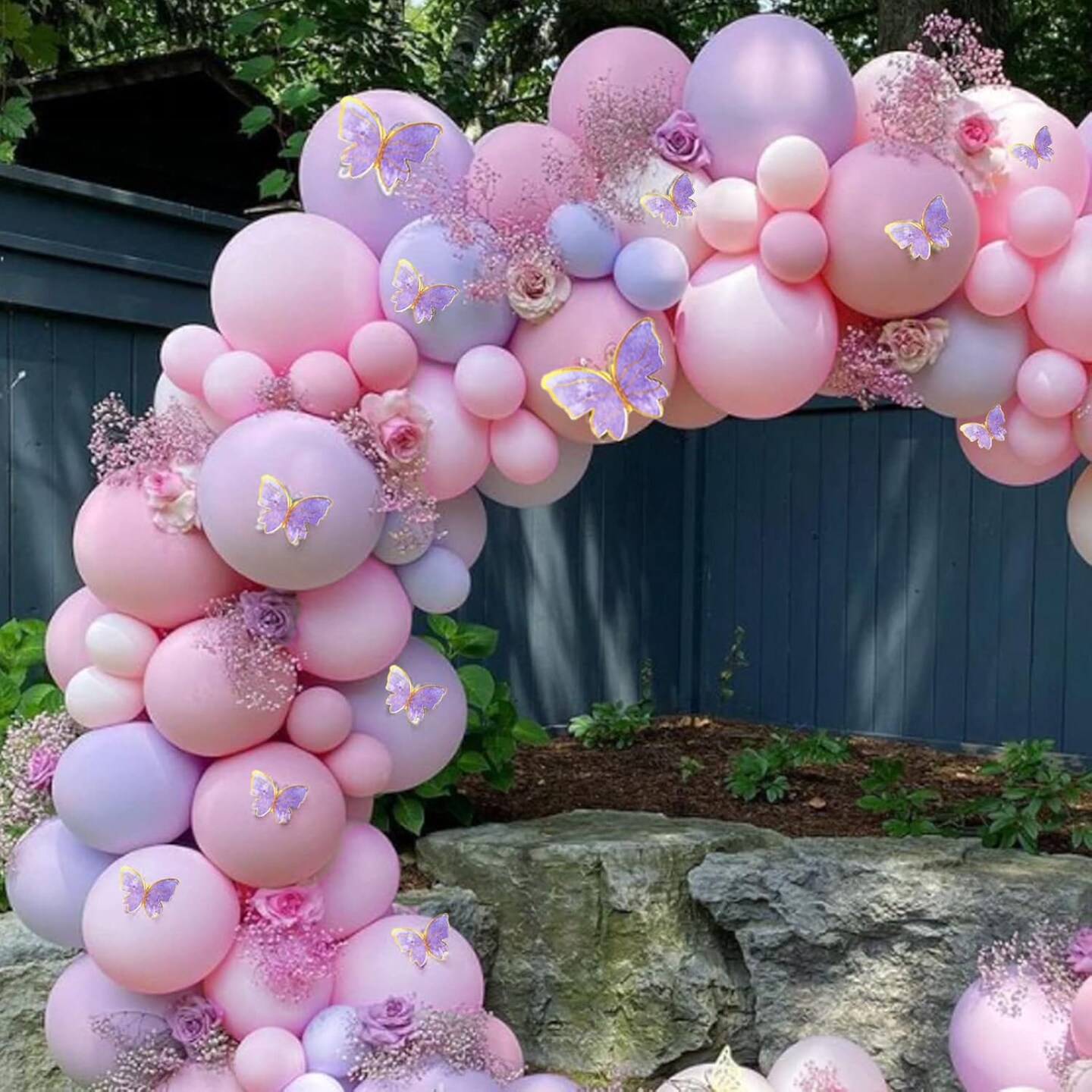 Baby Shower Decorations for Girl 135 Pcs Pink Purple Balloon Arch Kit Metallic Lavender Balloon Garland Double Stuffed Balloons Butterfly Stickers