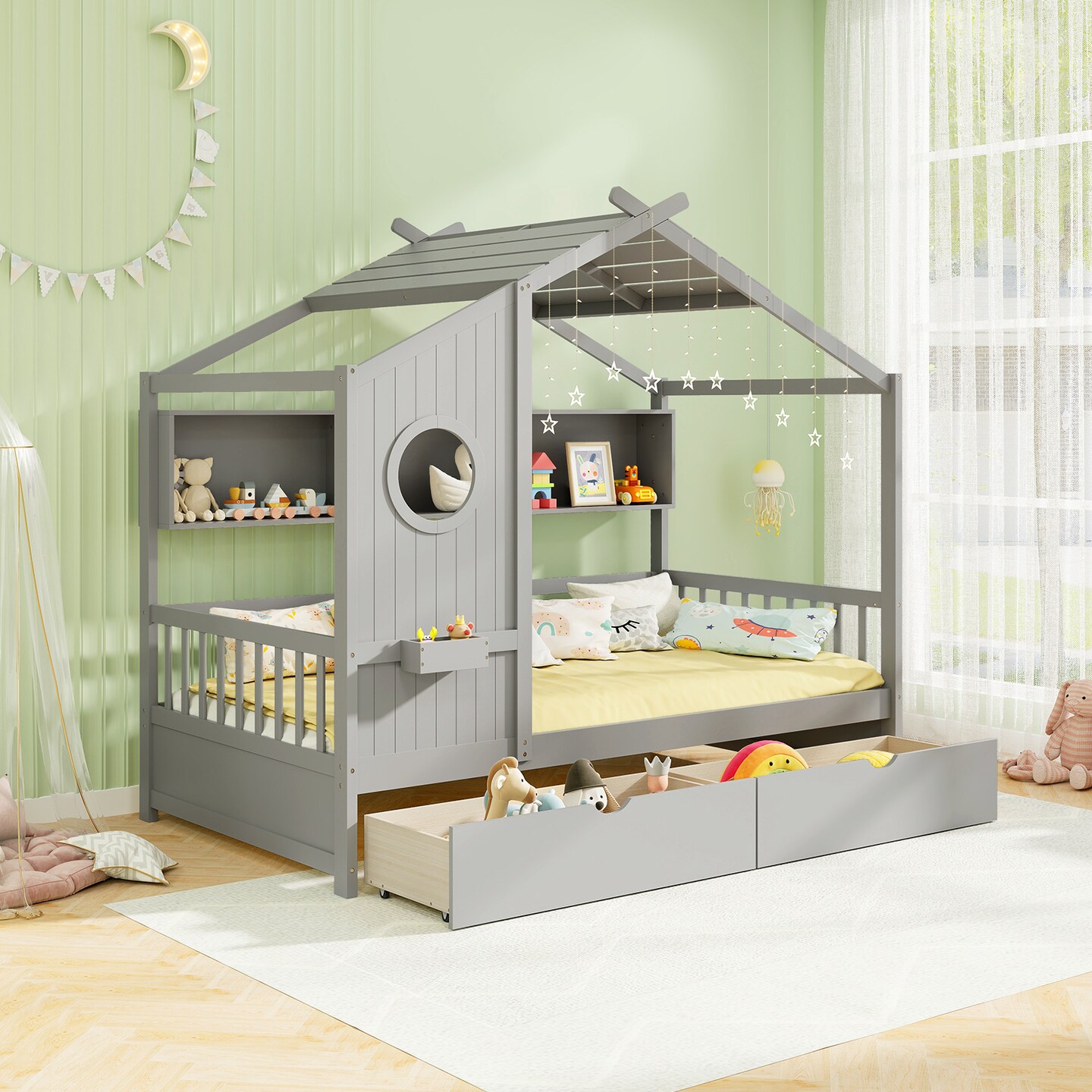 Twin Size Pine Wood House Bed with Storage Drawers, Guardrails and Shelves
