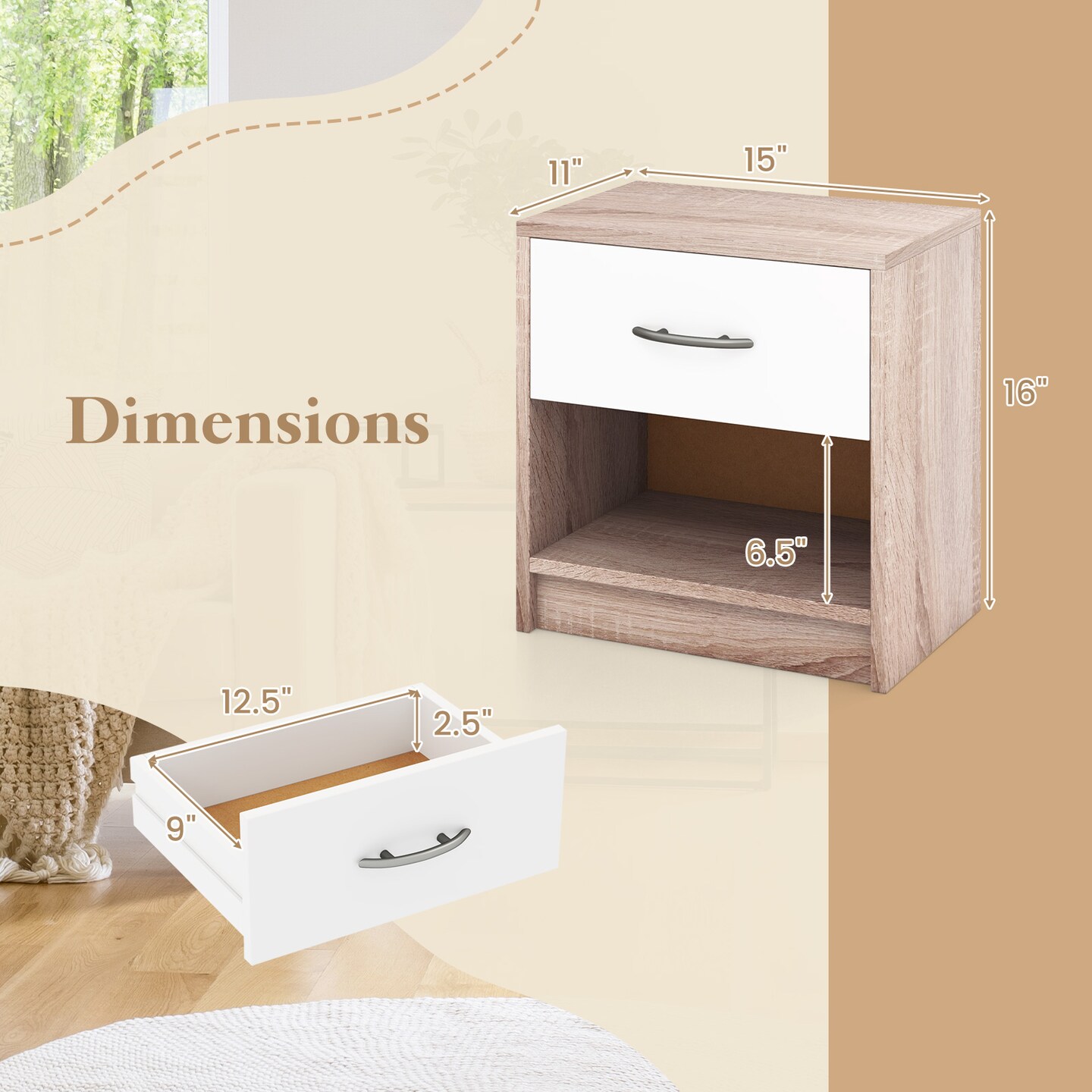 Nightstand with Drawer, Open Shelf, Modern Design and Sturdy Structure
