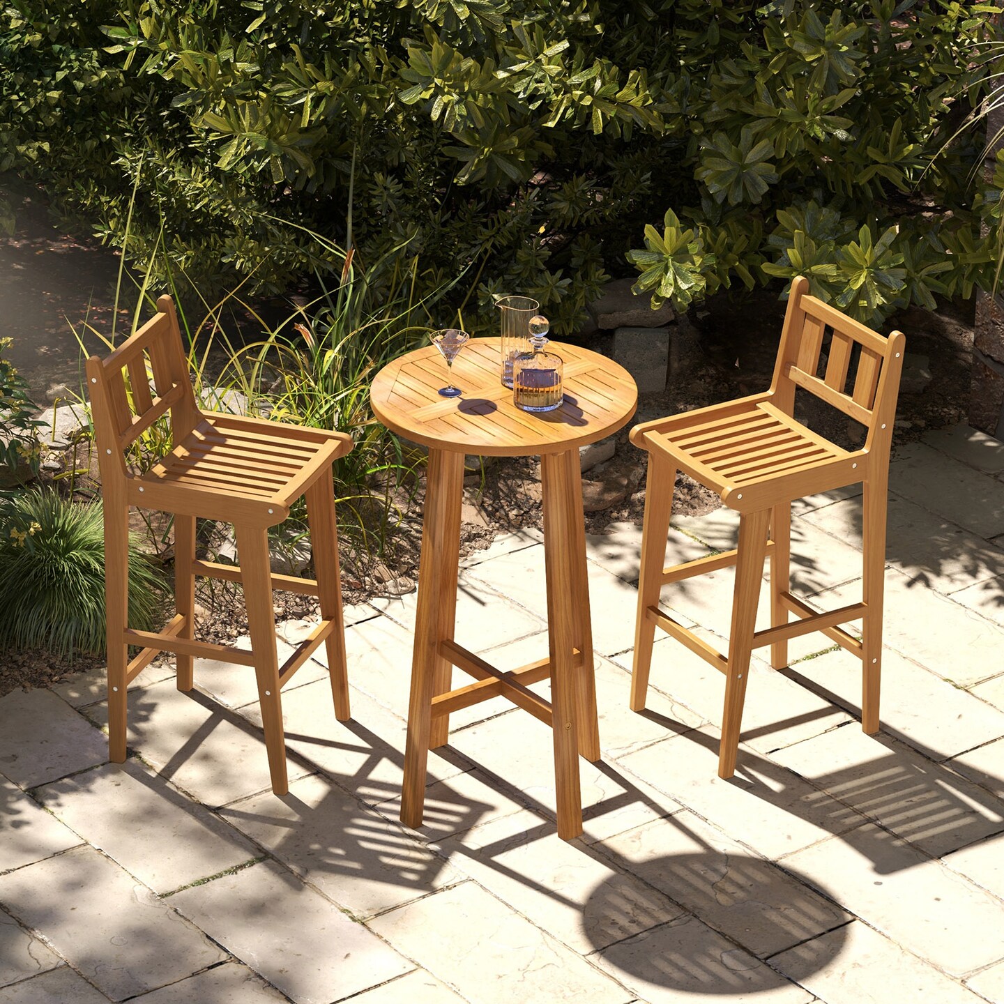 30 Inch Teak Wood Slatted Design Bar Chair with Footrest and Backrest Ideal for Outdoor Use