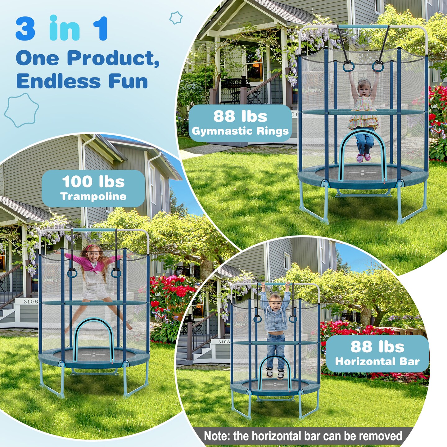 Metal Kids Trampoline with Gymnastic Bar and Safety Net