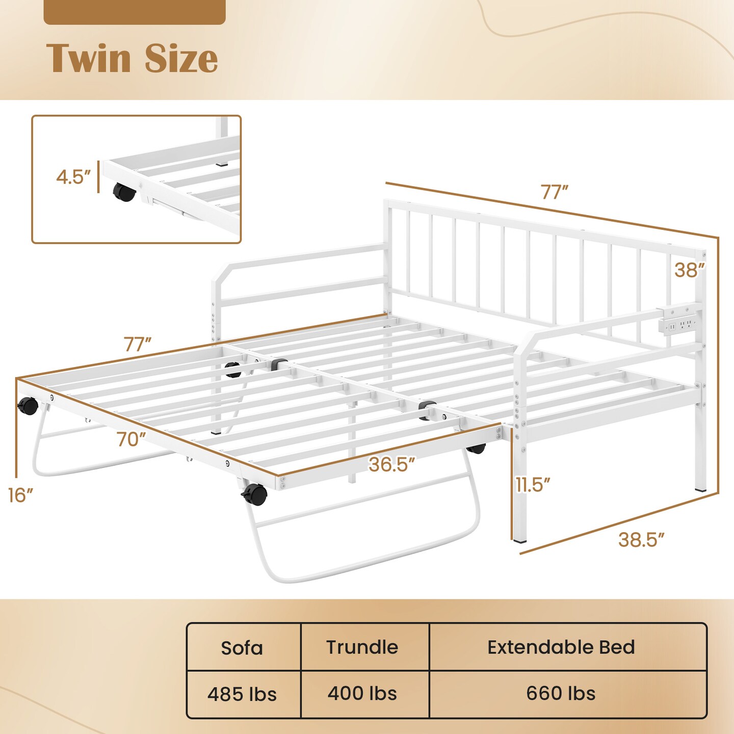 Adjustable Twin Daybed with Pop-Up Trundle, LED Lights and Power Strip