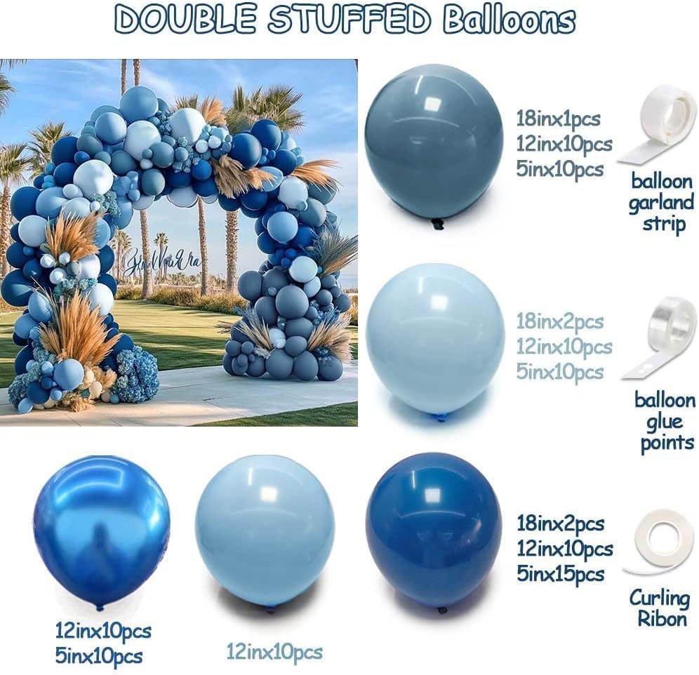 Dusty Blue Balloon Arch - Double Stuffed Dark Blue Balloons Garland Kit Different Size for Happy Birthday Baby Shower Baptism Graduation Wedding Party Decorations
