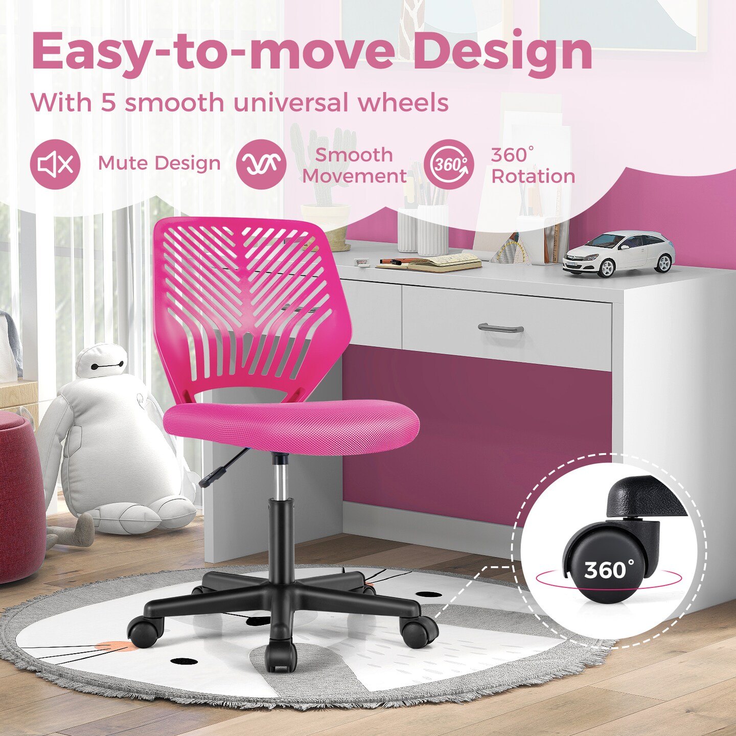 Height-Adjustable Office Desk Chair with Universal Casters and Ergonomic Curved Backrest