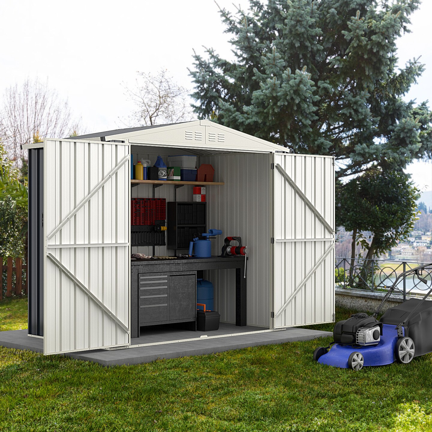 Grey 7 x 4 Feet Metal Multi-functional Outdoor Storage Shed with 2 Lockable Door
