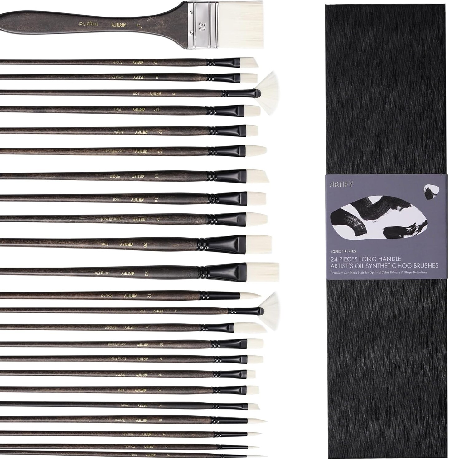 ARTIFY Oil Paint Brush Set, 24 Pieces Long Handle Hard Nylon Hair Acrylic Paint Brushes, Professional Artist Paint Brushes for Oil, Acrylic, and Watercolor Painting