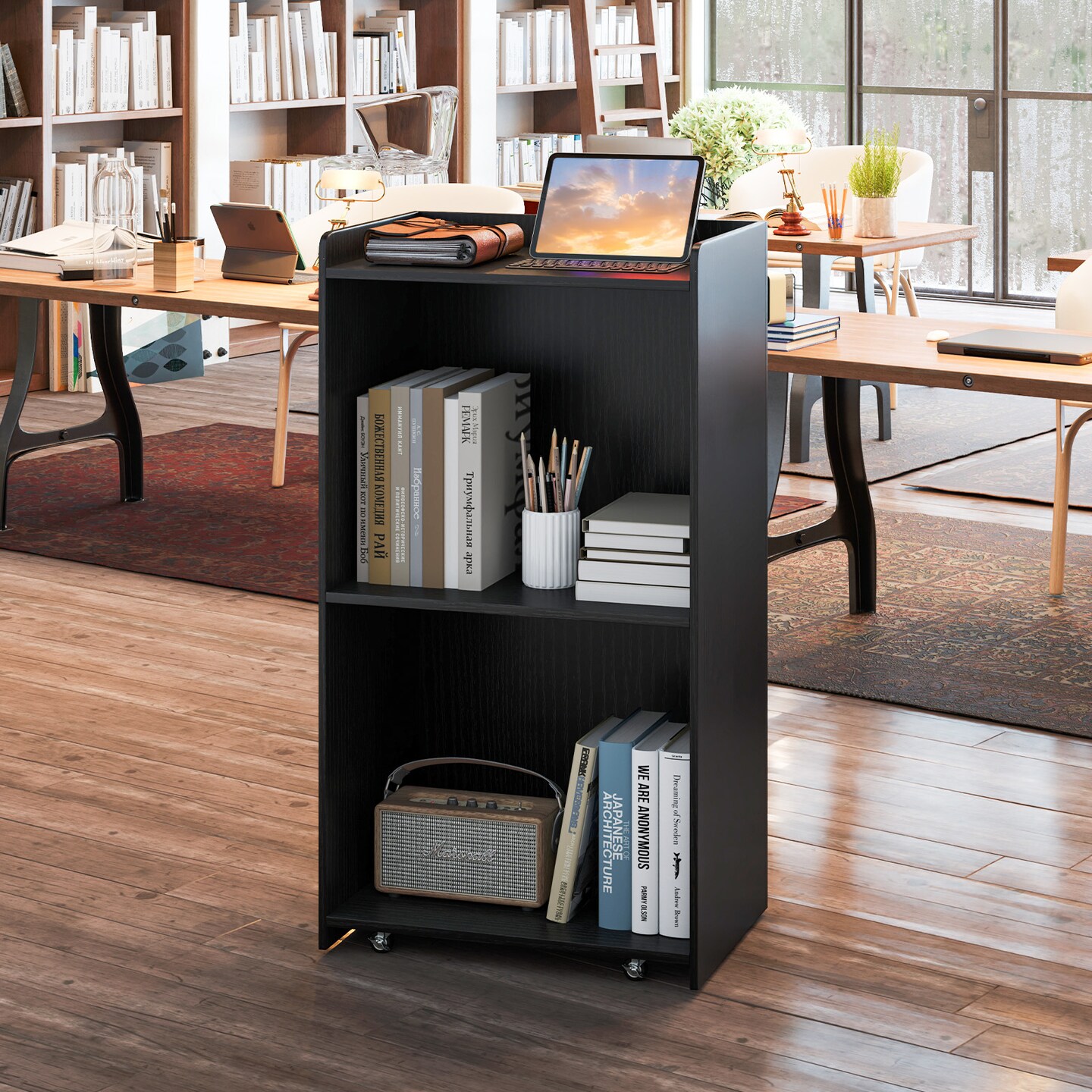 Lectern Rolling Podium Stand with 2 Storage Shelves and 4 Universal Wheels