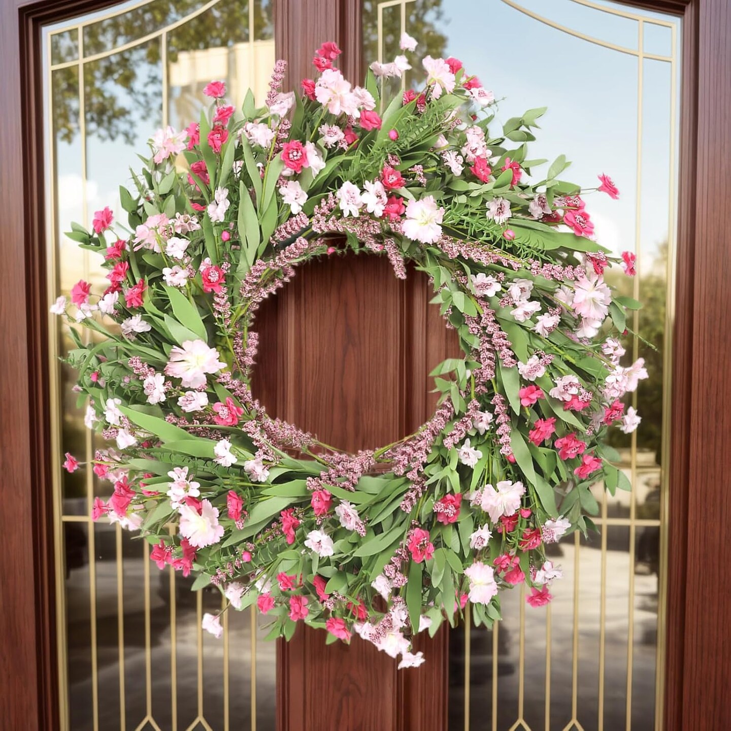 26&#x22; Spring Wreaths for Front Door Artificial Floral Wreath with Wildflowers Decorations for Indoor Outdoor Window Wall Farmhouse Porch Home Decor Cherry Blossom Pink