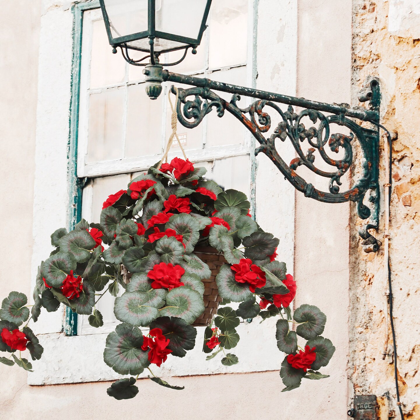 25" Red Hanging Geranium Basket – Lush Silk Flowers for Indoor & Outdoor Home Décor