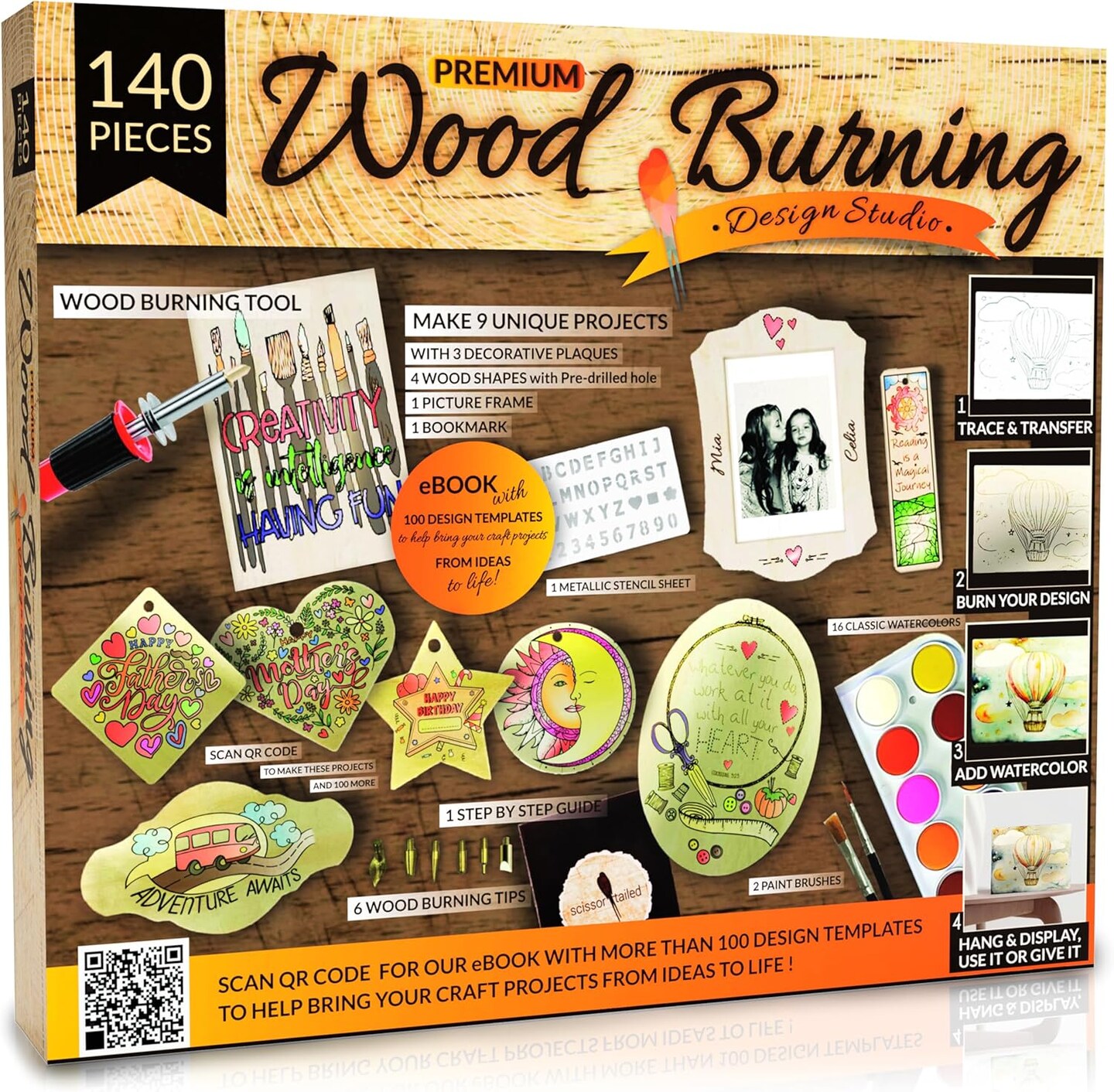 Beginners Wood Burning Kit 140 Pieces. Best Gift Idea for Art &#x26; Craft Kit Lovers. Woodburning DIY Hobby Kits With 9 Large Wooden Plaques To Make Unique Wood Burning Projects