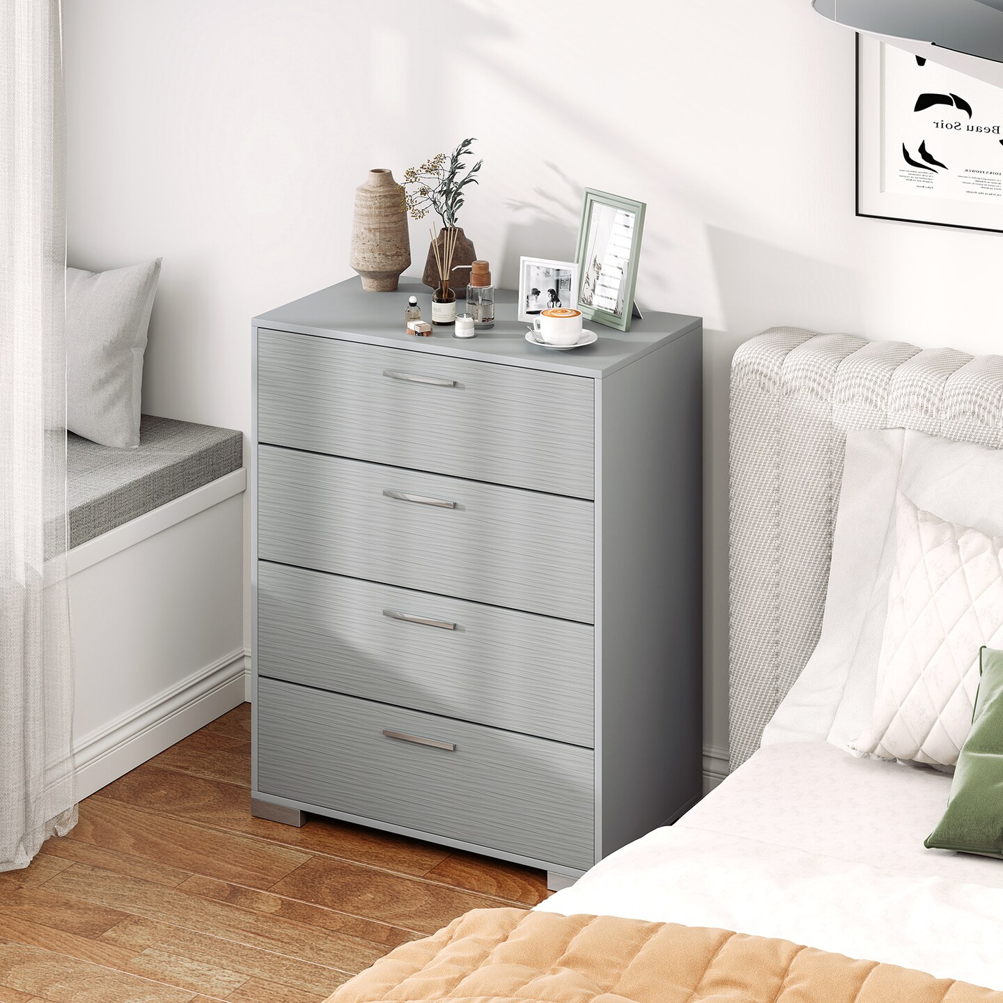 Engineered Wood Dresser with 4 Drawers Storage Cabinet, Metal Legs and Modern Design