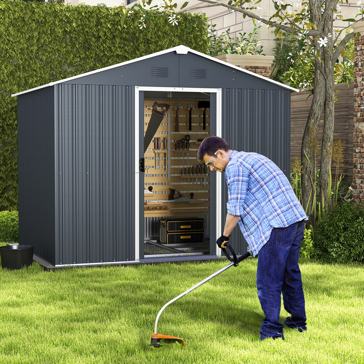 Grey Steel Outside Storage Shed with Lock Air Window and Two Sliding Doors