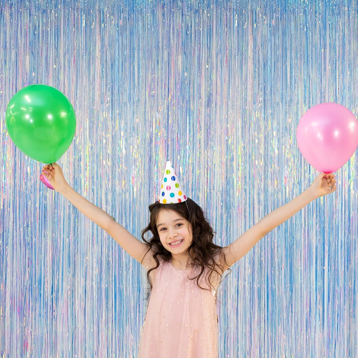 Iridescent Foil Fringe Backdrops Party Decorations - 2 Pack 3.2 x 6.5 ft Metallic Tinsel Photo Backdrop Curtains for Mermaid Unicorn Birthdays Parties