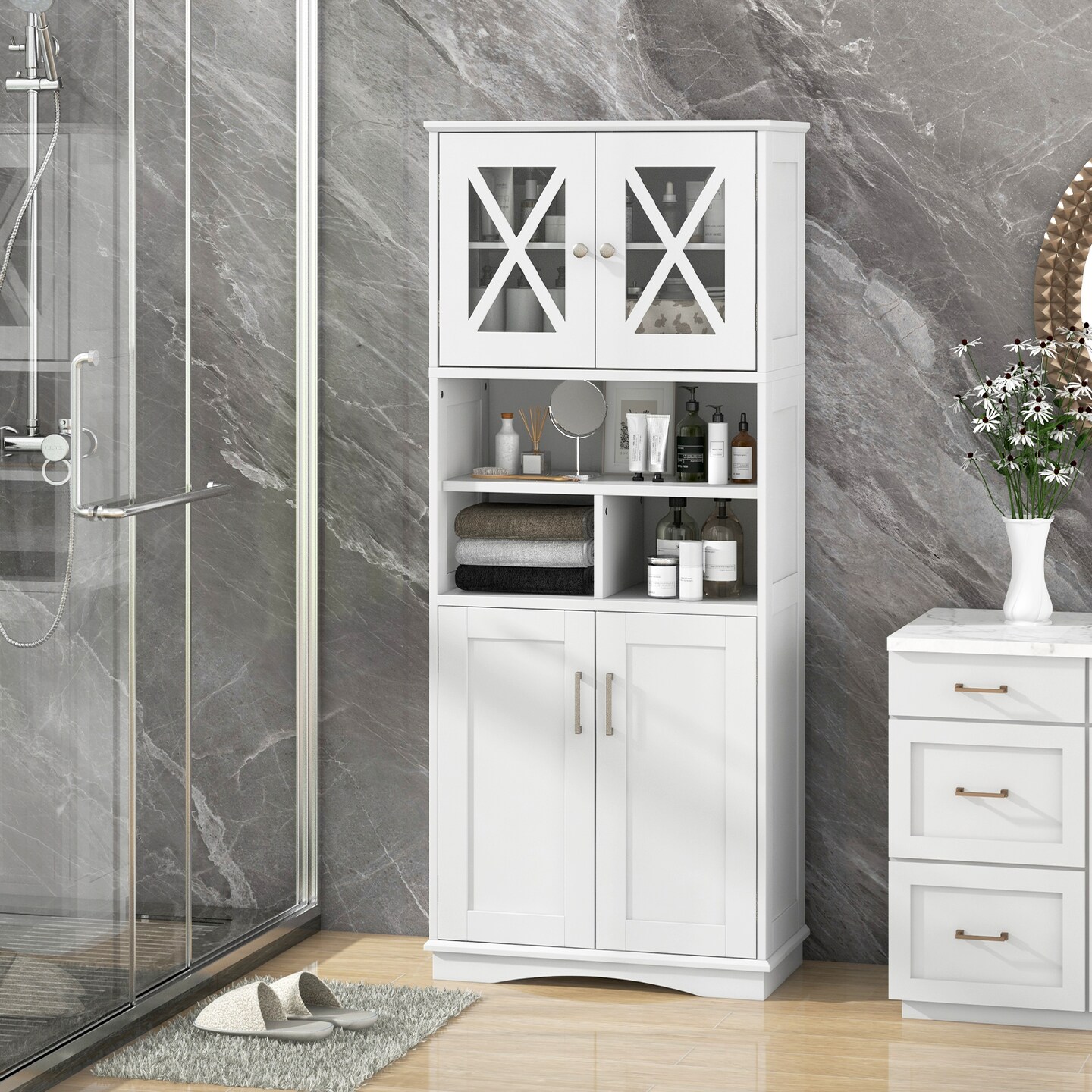 57-Inch Tall Freestanding Bathroom Storage Cabinet with 3 Adjustable Shelves and Acrylic Doors