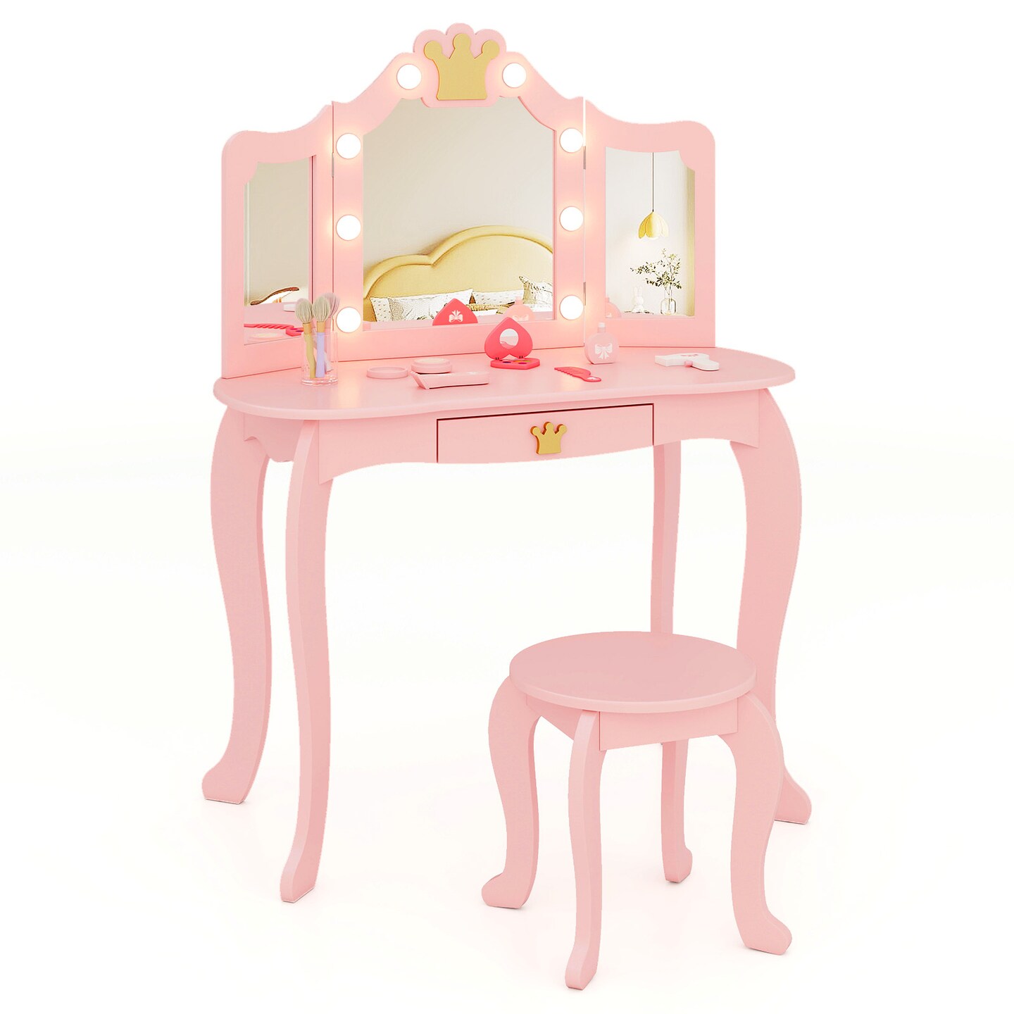 MDF and Acrylic Kids Vanity Set with Tri-Fold Mirror, LED Lights and Storage