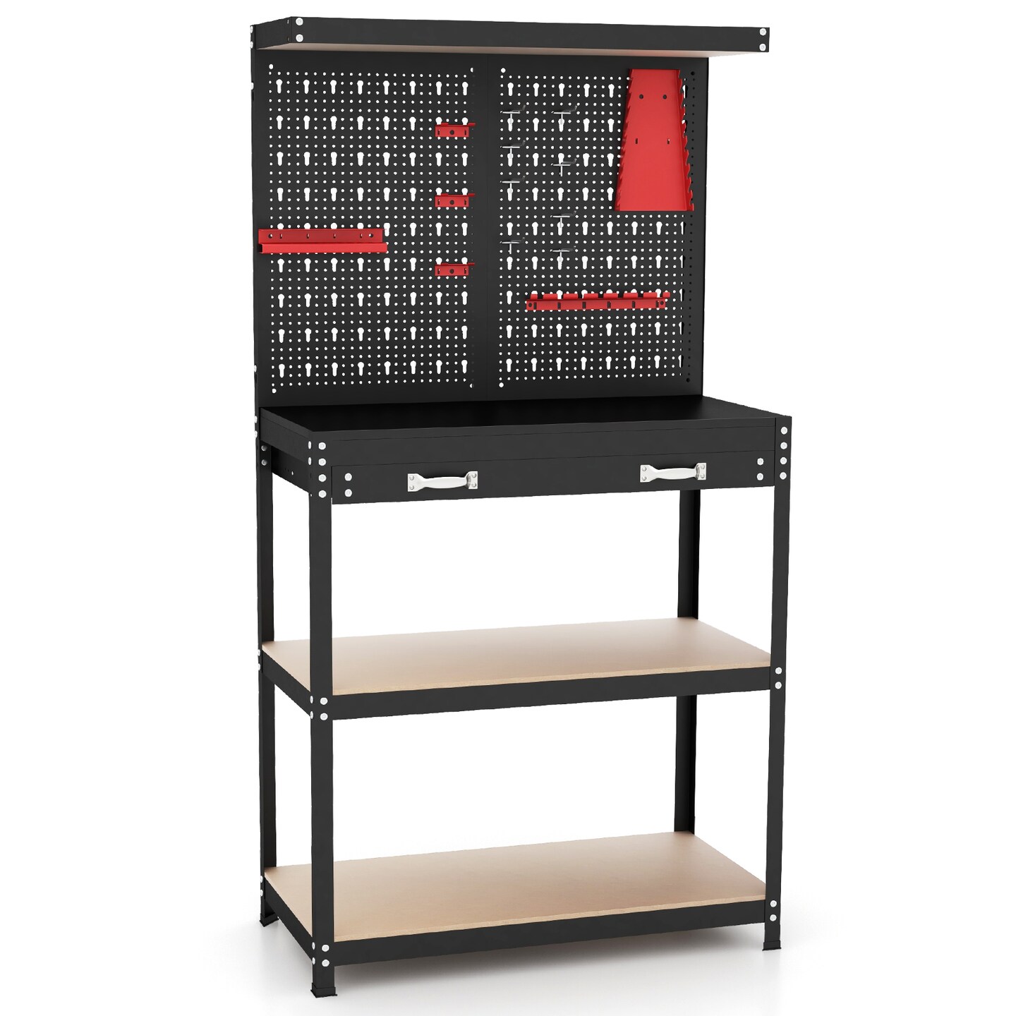 Freestanding Tool Storage Workbench with Pegboard with 14 Hanging Accessories and 2 Drawers