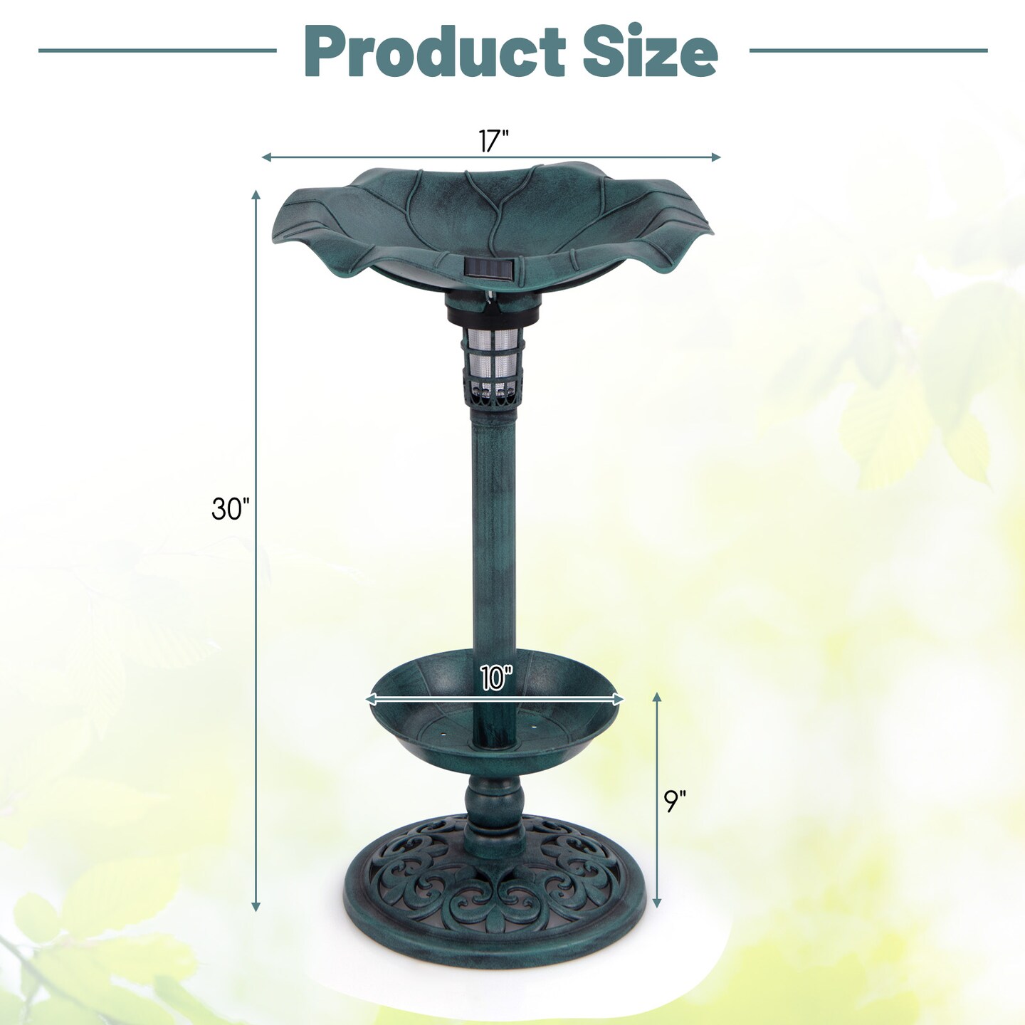 Solar Bird Bath with Lotus Leaf Bowl, Planter and Weatherproof Lamp