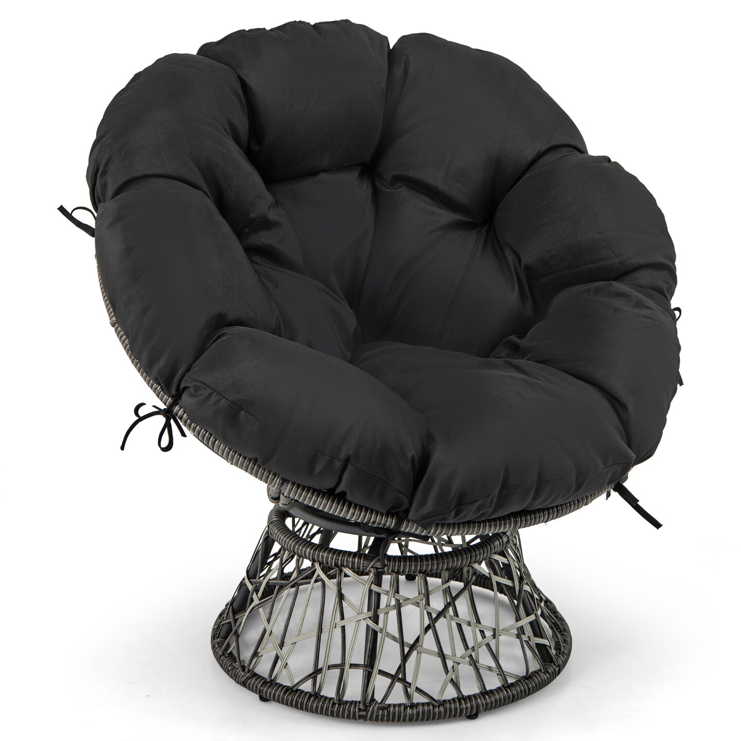 Black Swivel Papasan Chair with Thick Removable Cushion Suitable for Indoor or Outdoor Use