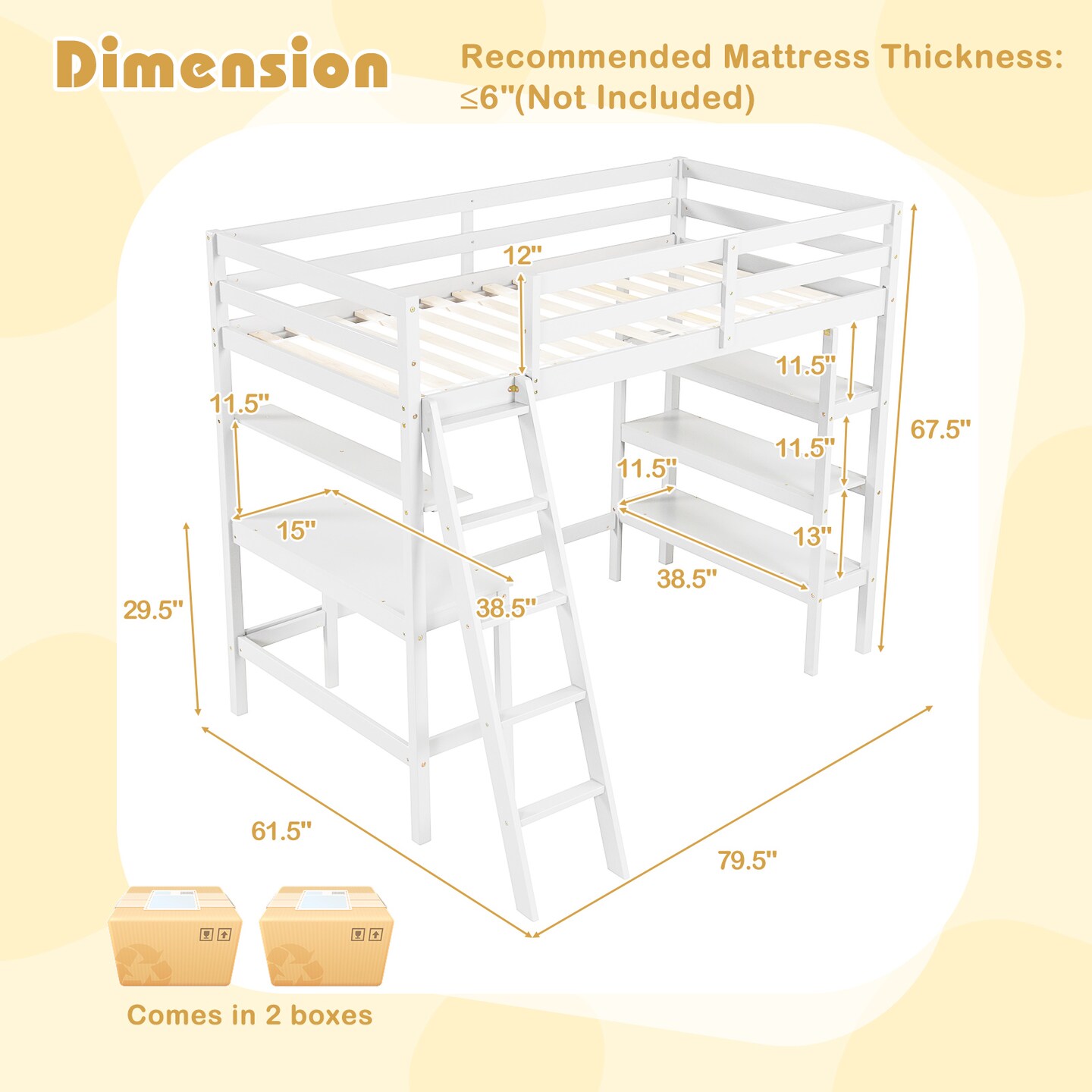 Twin Loft Bed with Desk and Bookshelves for Kids and Teens