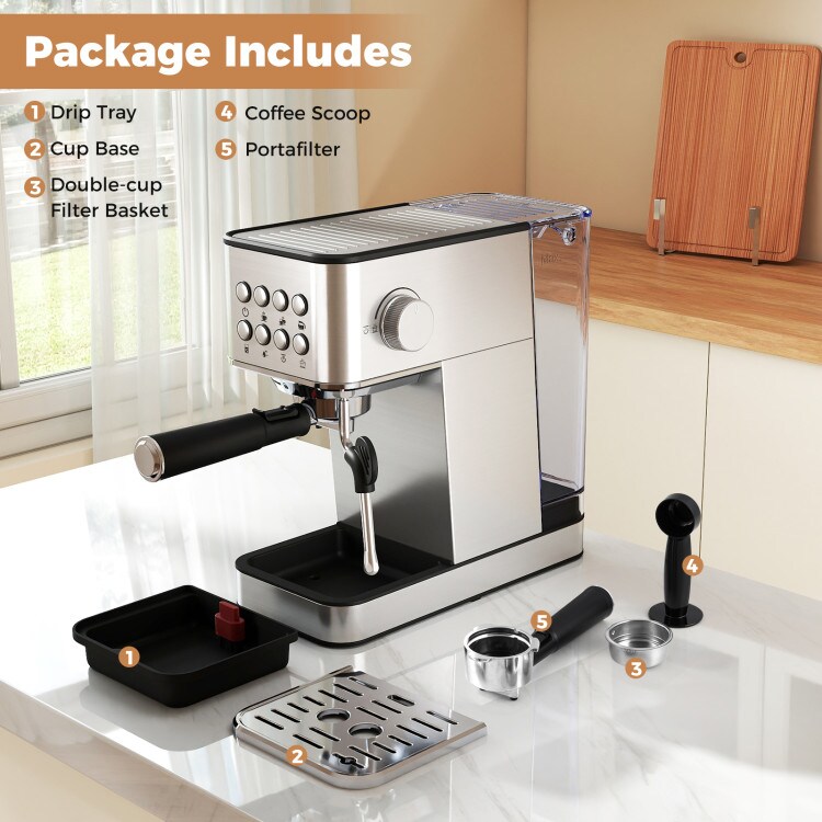 Stainless Steel Espresso Machine 20 Bar Coffee Maker With Milk Frother 57oz Tank