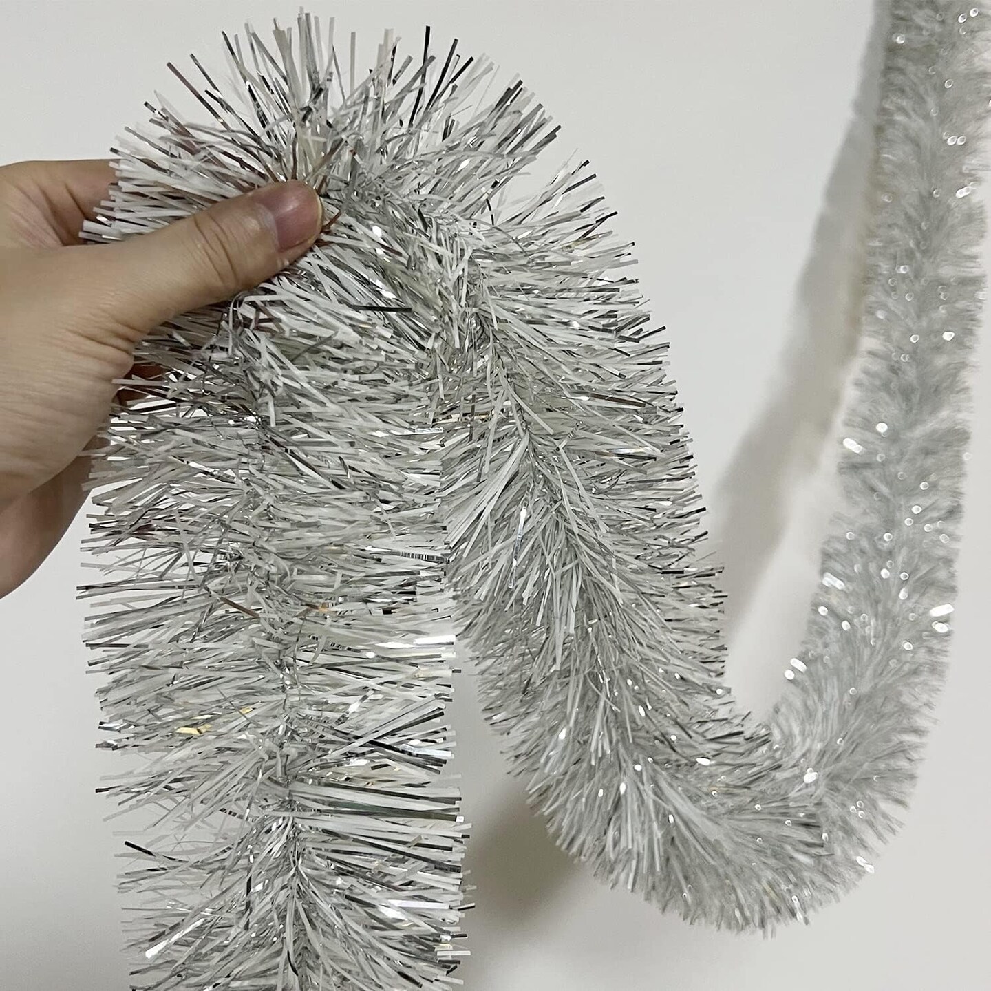 25 ft Long Roll Silver & White Tinsel Twist Garland, Shiny Metallic Foil Decorations for Christmas Eve, New Year Parties (4" x 25' roll, Silver & White)