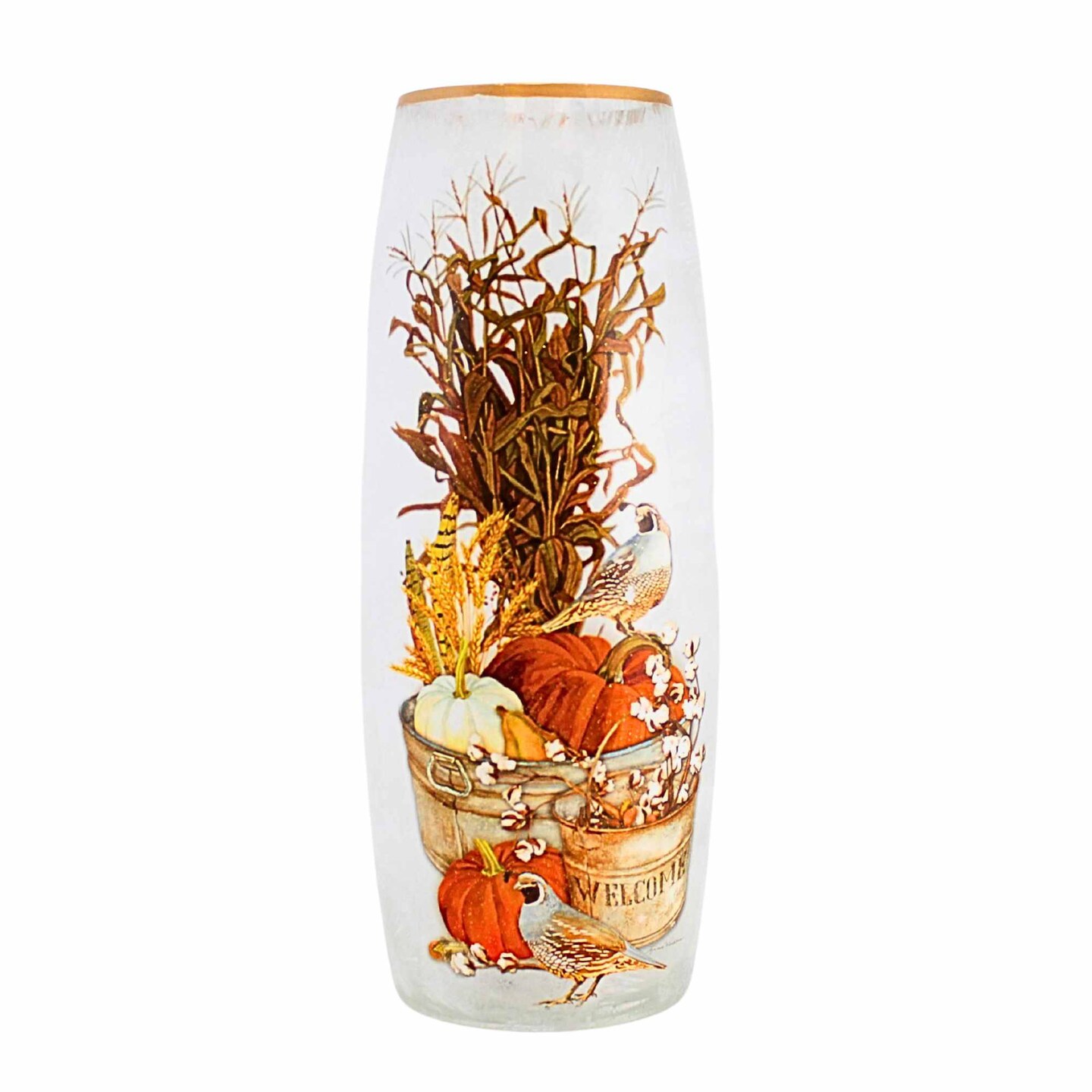 Stony Creek 12.0 Inch Quail Chickadees Lg Prelit Vase Thanksgiving Lighted Glass Accent , Thanksgiving Decor Autumn Fall
