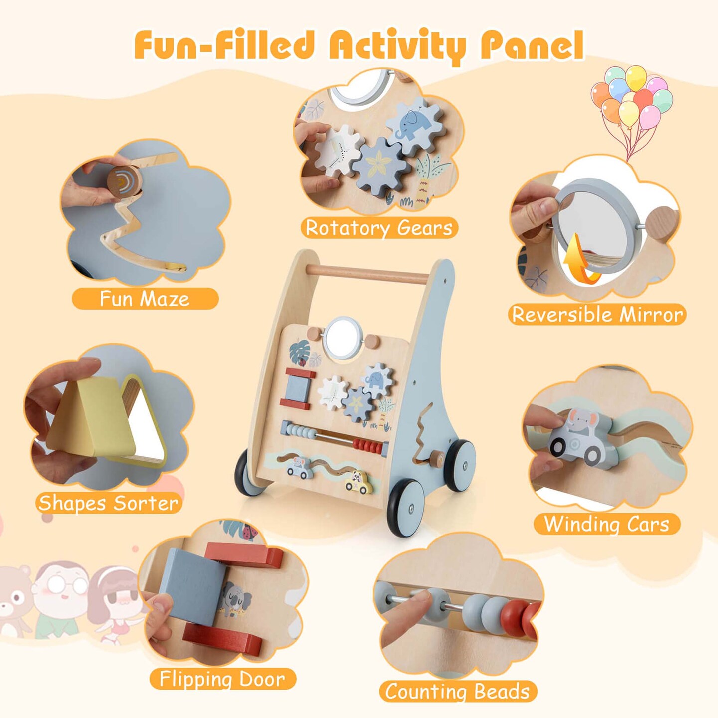 Costway Wooden Baby Walker Push &#x26; Pull Walker with Multi-Activity Learning Center