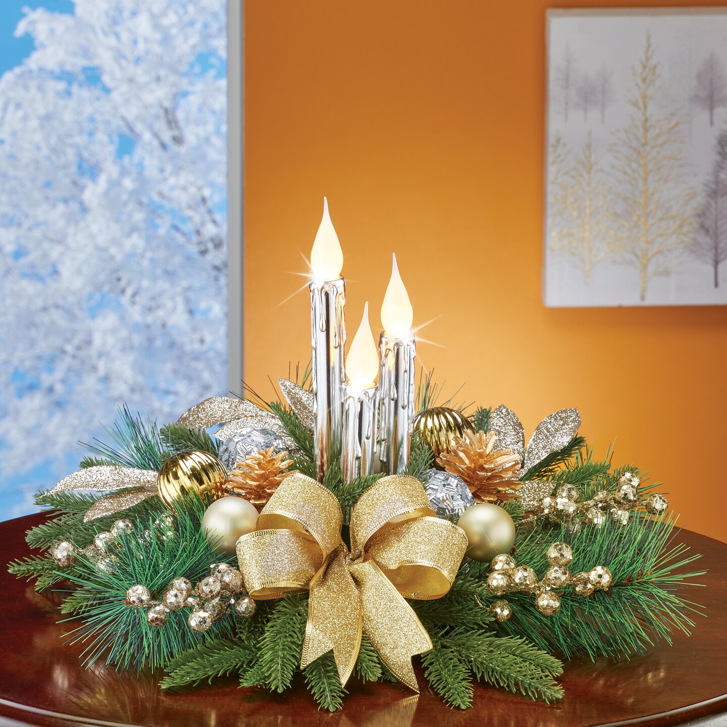 Collections Etc Elegant LED Lighted Candles Silver and Gold Floral Holiday Centerpiece