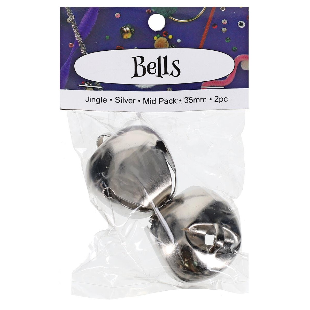 PA Essentials Jingle Bell Mid Pack – 35mm, 2pc, Silver, Small Bells For Crafts, Holiday Decorations, Sewing, Scrapbooking and Christmas Crafts, Jingle Bells For Crafting
