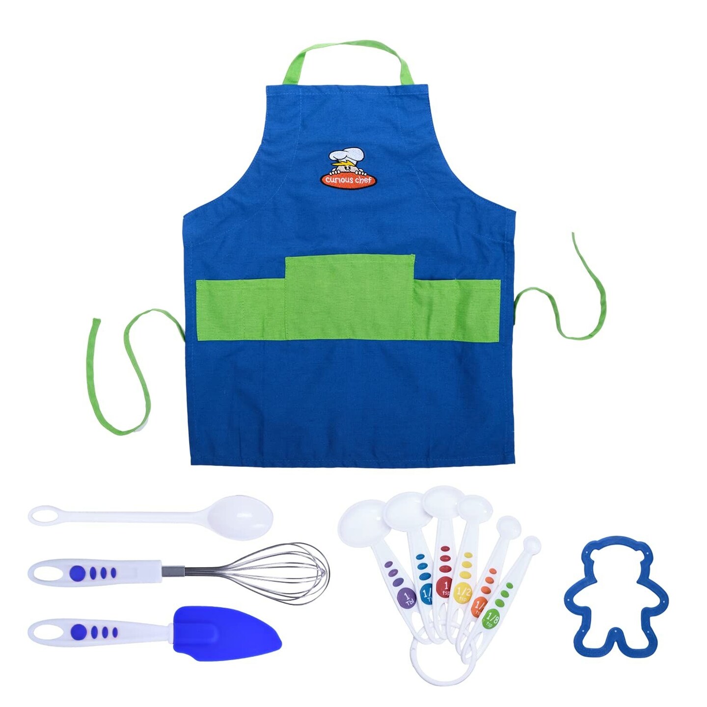 Curious Chef 11-Piece Blue and Green Chef&#x27;s Kit for Kids, Includes Real Cooking and Baking Tools, Dishwasher Safe and Made with BPA-Free Plastic