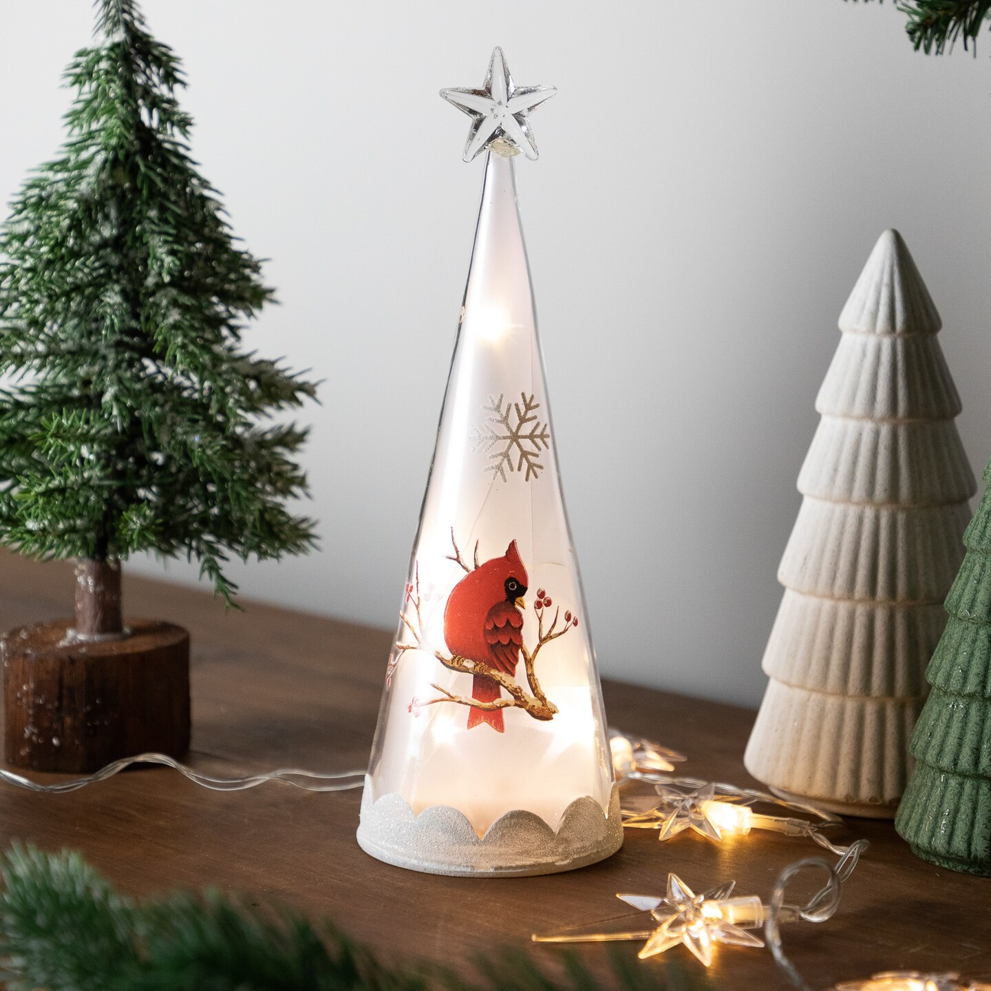 Northlight LED Lighted Cardinal and Snowflake Frosted Glass Christmas Cone Tree Decoration  - 9.5&#x22;