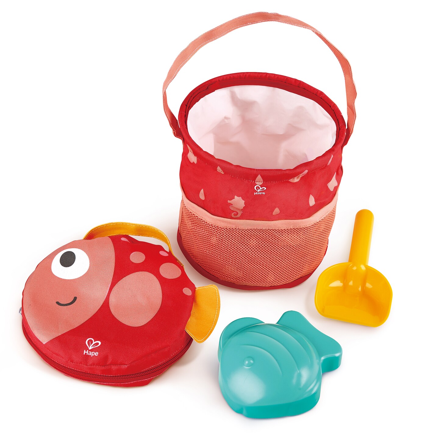 Hape: Fold &#x26; Go Beach Toy Set&#xA0;- Fish Shaped Waterproof Bag Holds Collapsible Bucket, Fish Sand Mold &#x26; Shovel, Beach Play, Kids &#x26; Toddlers Ages 18mo+