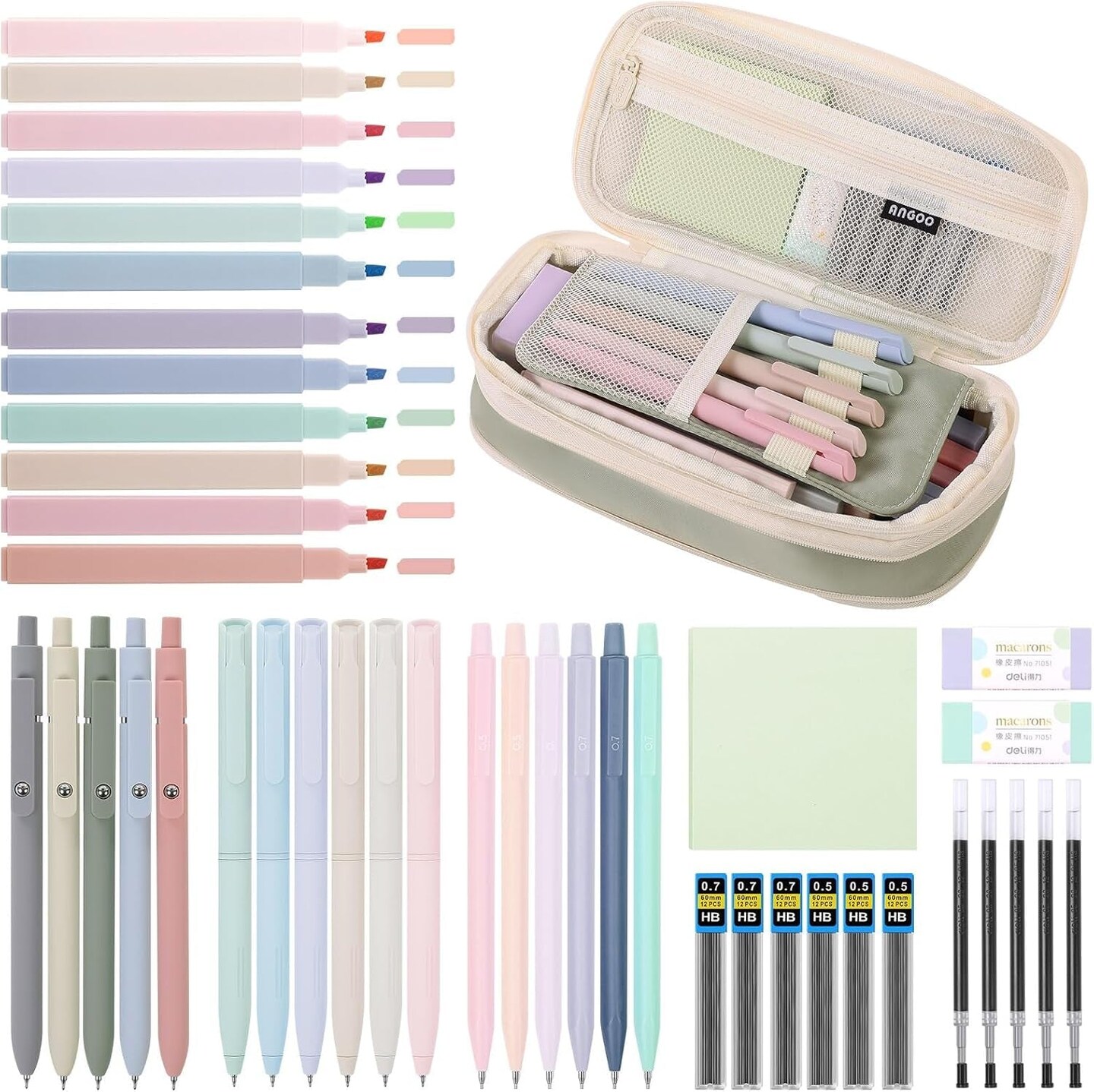 44Pcs Aesthetic School Supplies with Big Capacity Pencil Case, 12 Highlighters, 11 Gel Pens, 6 Mechanical Pencils, Cute Bible Book Annotation Kit, College Essentials Back to School Gift Green