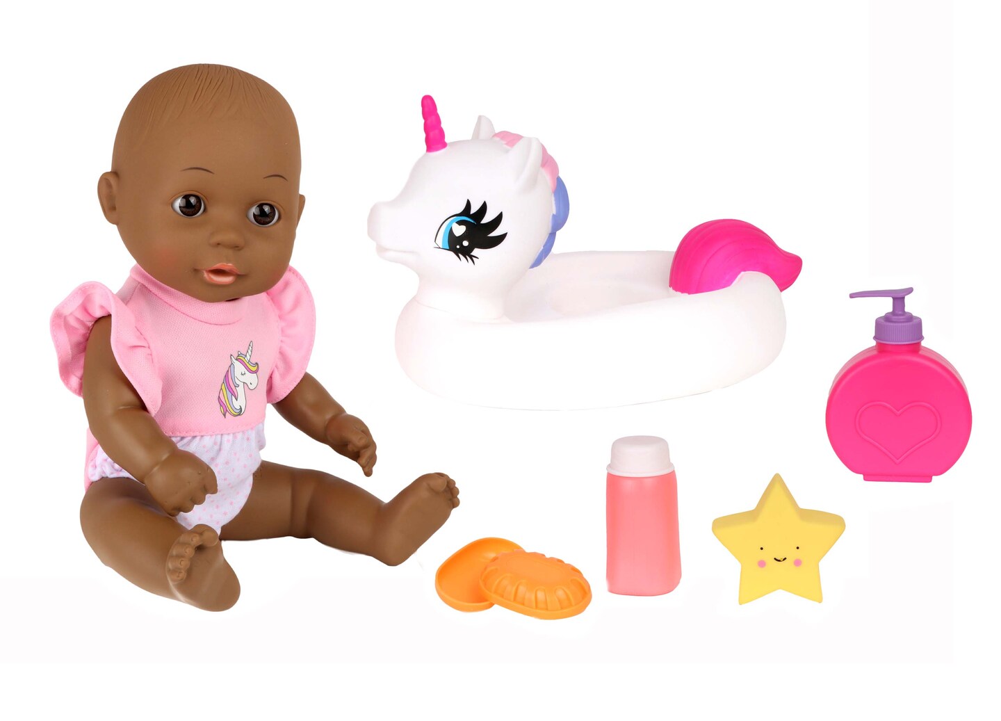 Dream Collection Bath Time 12" Baby Doll with Unicorn Floatie African