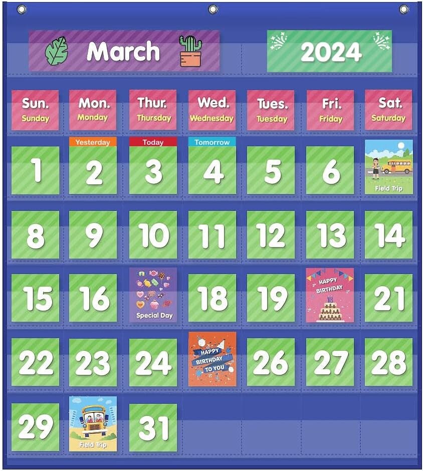 Classroom Monthly Calendar Pocket Chart with 71 Cards for Kids Learning ...
