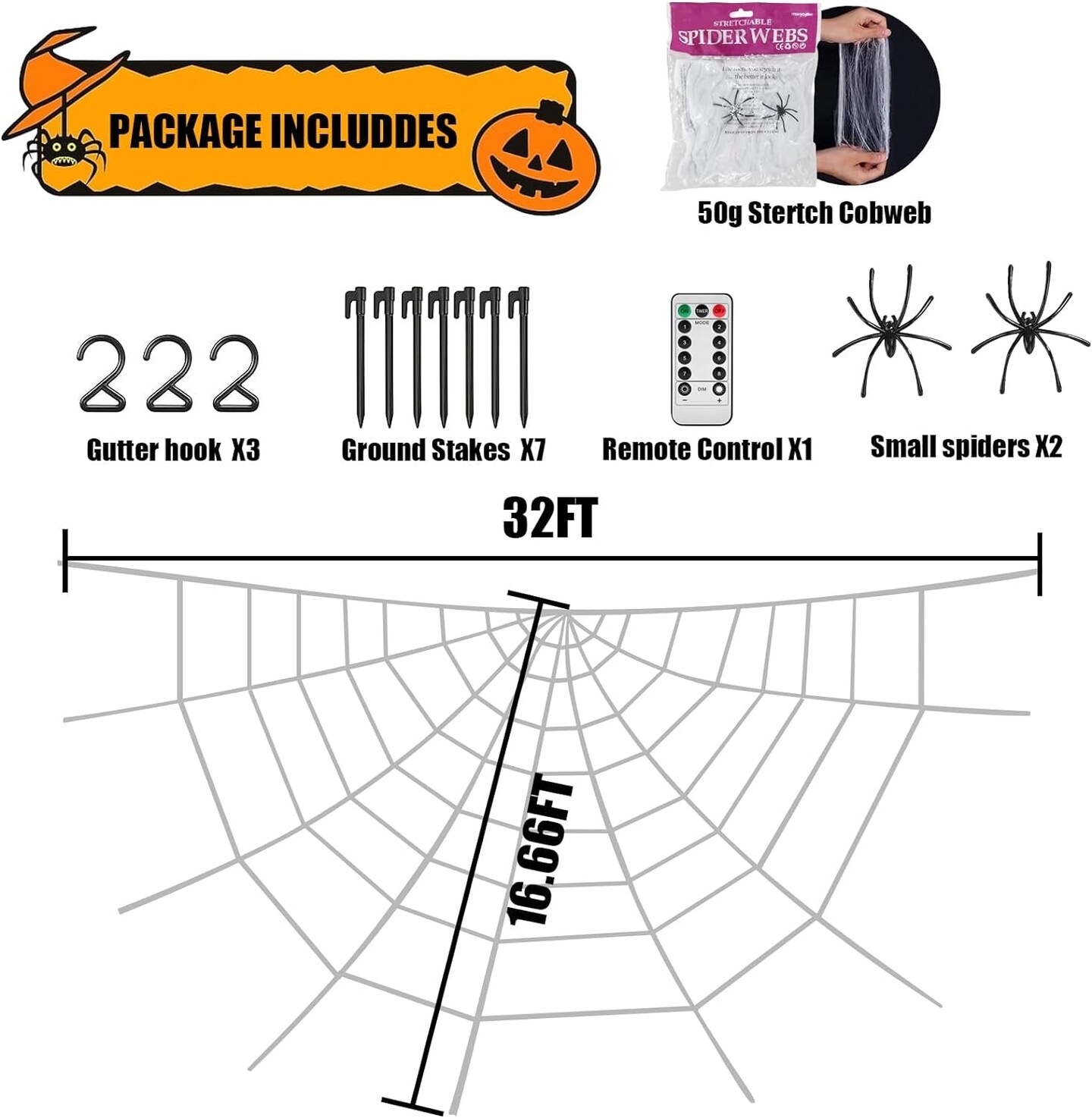 Spider Webs Halloween Decorations - Light up Spider Web Halloween Decorations Outdoor 32X16.5Ft- 450 LED Giant Spider Web &#x26; 50G Stretch Cobweb,Halloween Spiderwebs with Remote Control