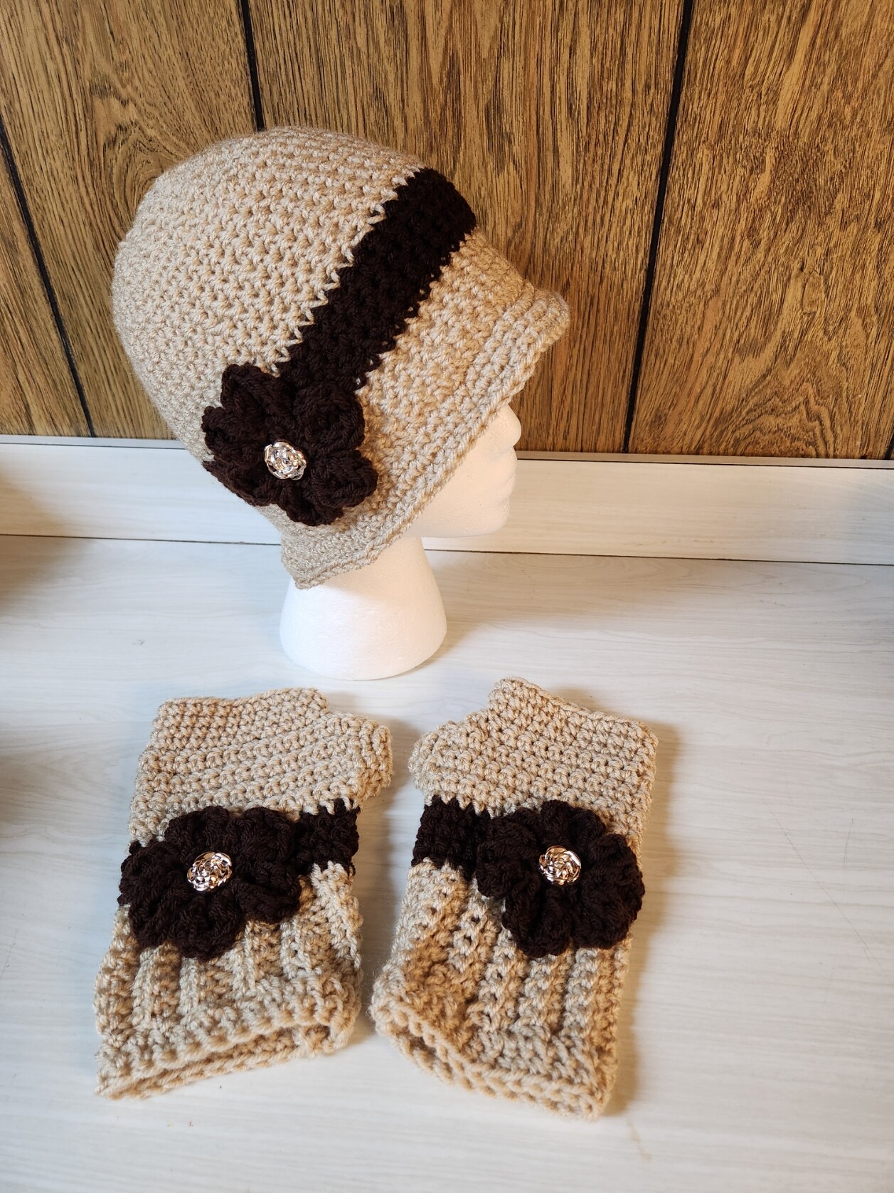 Handmade • Crochet Set • Headband & Fingerless Gloves • Brown Shades • W… Country Cottage Fingerless Gloves - Free Crochet Pattern  main image 4
