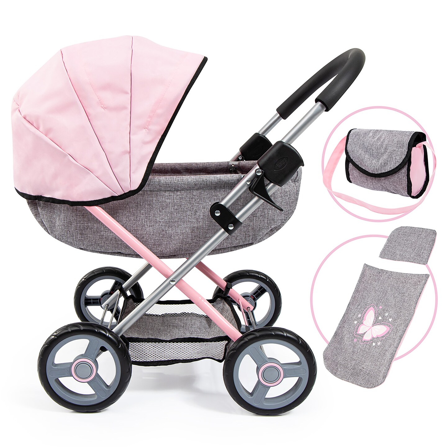 Bayer Dolls 4-in-1 Toy Baby Doll Pram Stroller Cosy Set - Dolls Up To 18&#x22; (Pink/Grey)