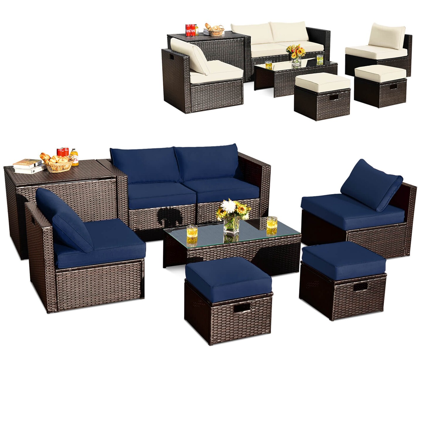 Costway 8 PCS Outdoor Wicker Furniture Set with Storage Box Tempered Glass Table 2 Ottomans
