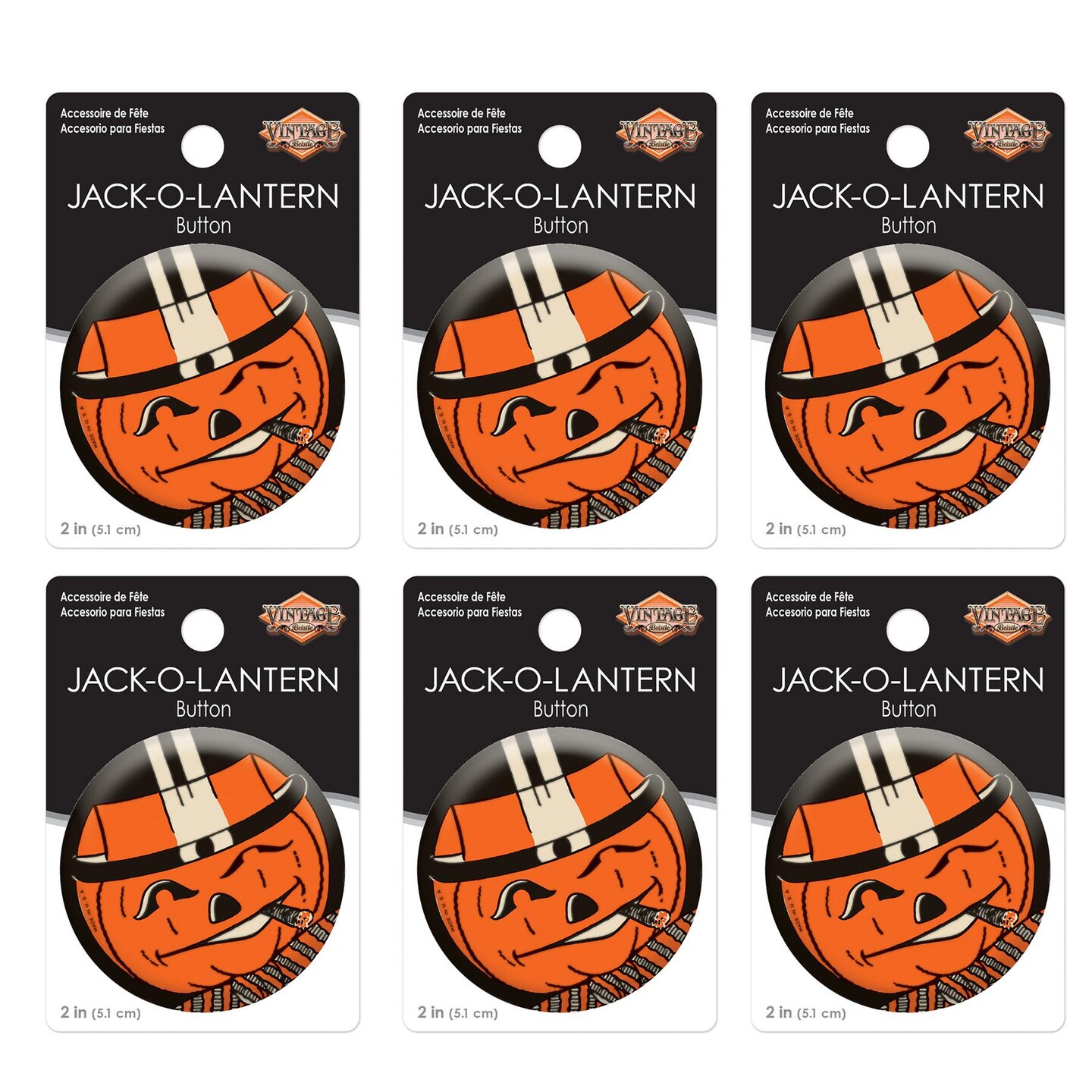 6 Pack Beistle Vintage Halloween JOL Button- Orange Pumpkin