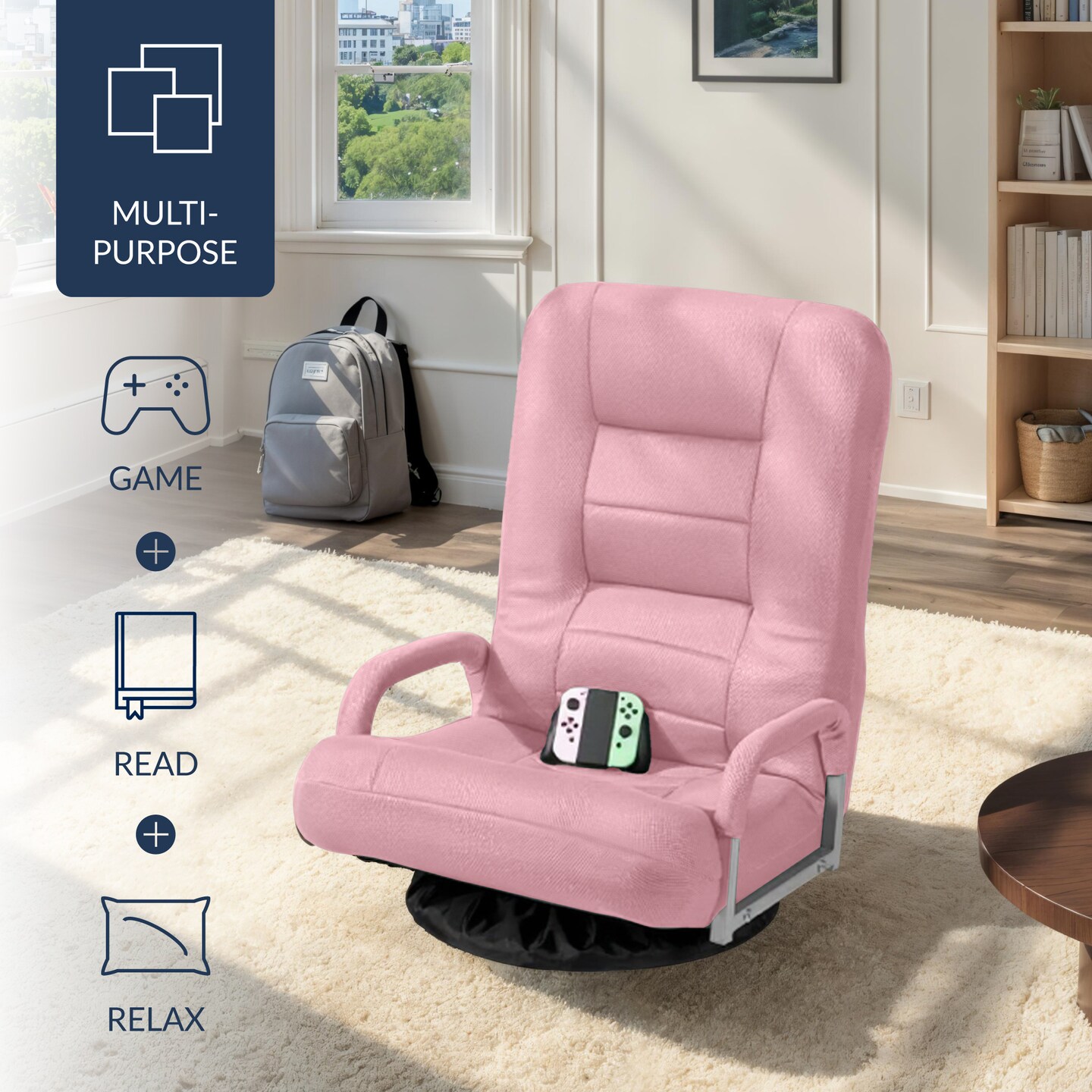 Best Choice Products 360-Degree Swivel Gaming Floor Chair w/ Armrest Handles, Foldable Adjustable Back