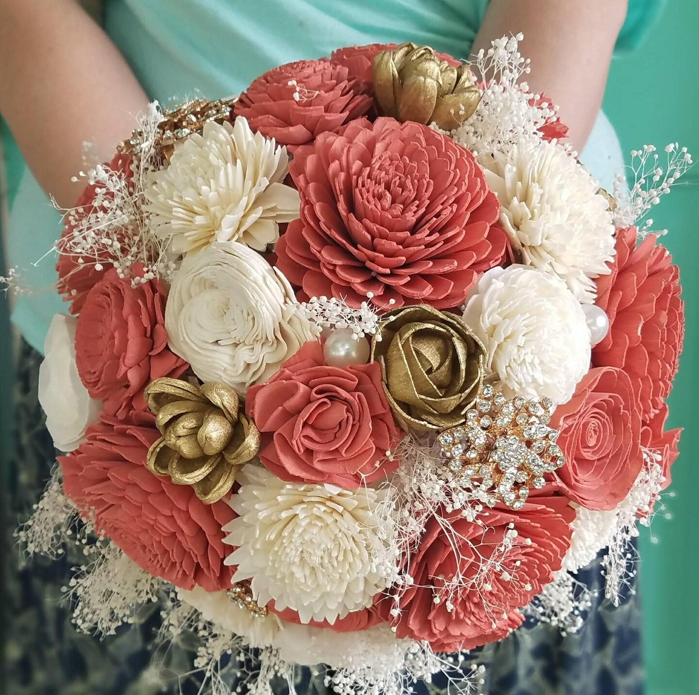 Coral and Gold Wood Flower Bridal Bouquet with Pearls | MakerPlace by  Michaels, image size:1080x1075