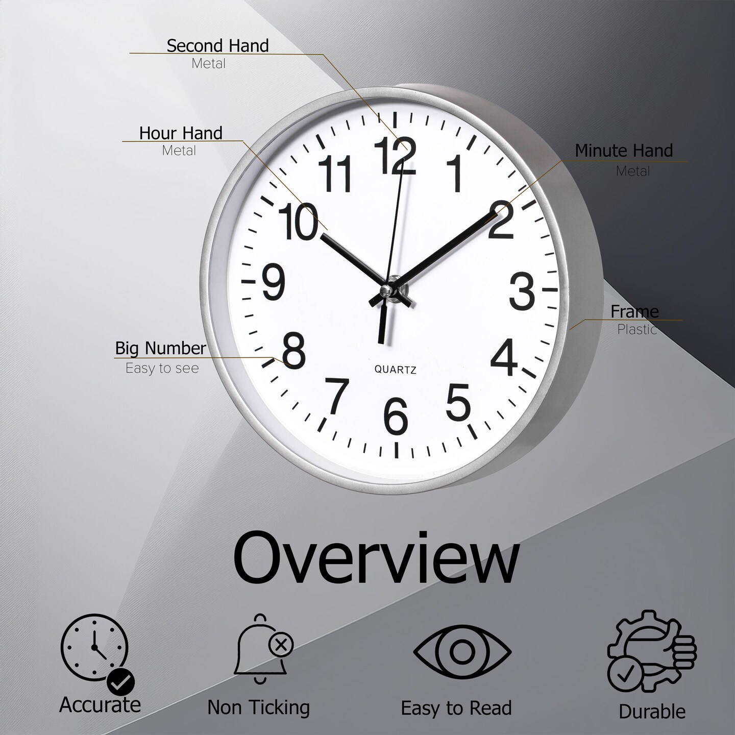 Clockswise Black Analog Clock – Silent, Non-Ticking for Wall, Office Desk, Table and Shelf, Battery-Operated Perfect for Home Office, Farmhouse Kitchen Decor, Bathroom, School and Bedroom Decor