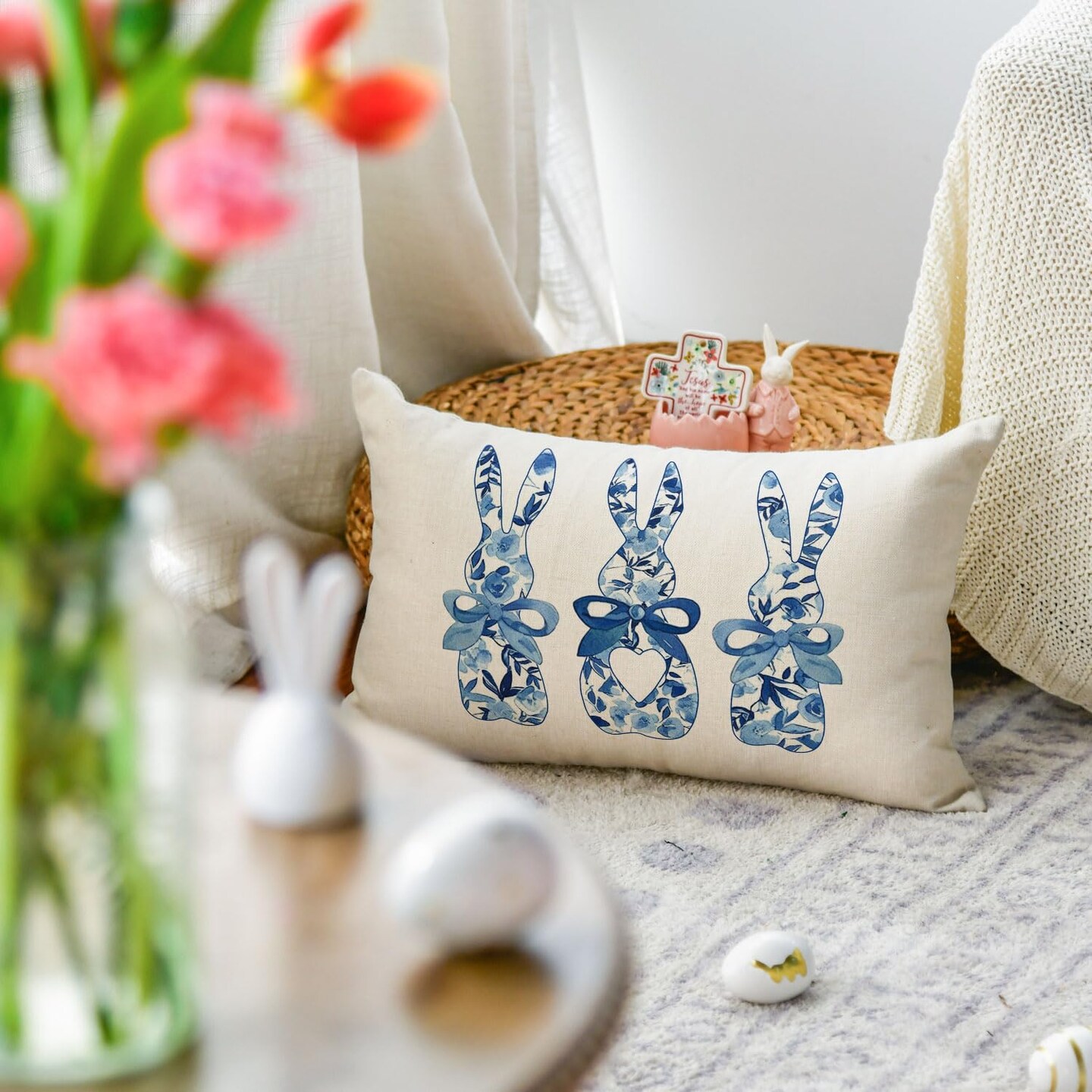Easter Blue and White Porcelain Color Bunny Throw Pillow Cover, 12 x 20 Inch Flowers Cushion Case Decoration for Sofa Couch