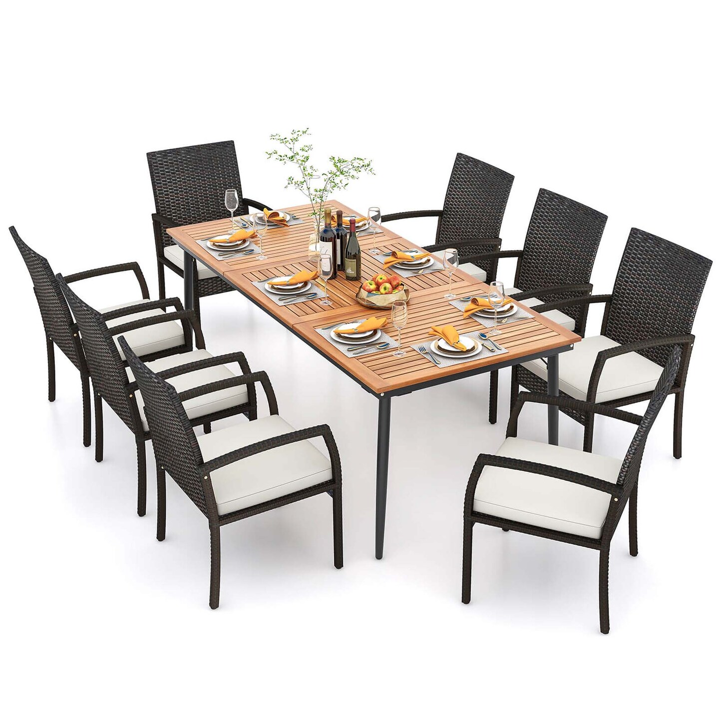 Costway 9 PCS Patio Dining Set Outdoor Acacia Wood Dining Table with 1.9&#x22; Umbrella Hole