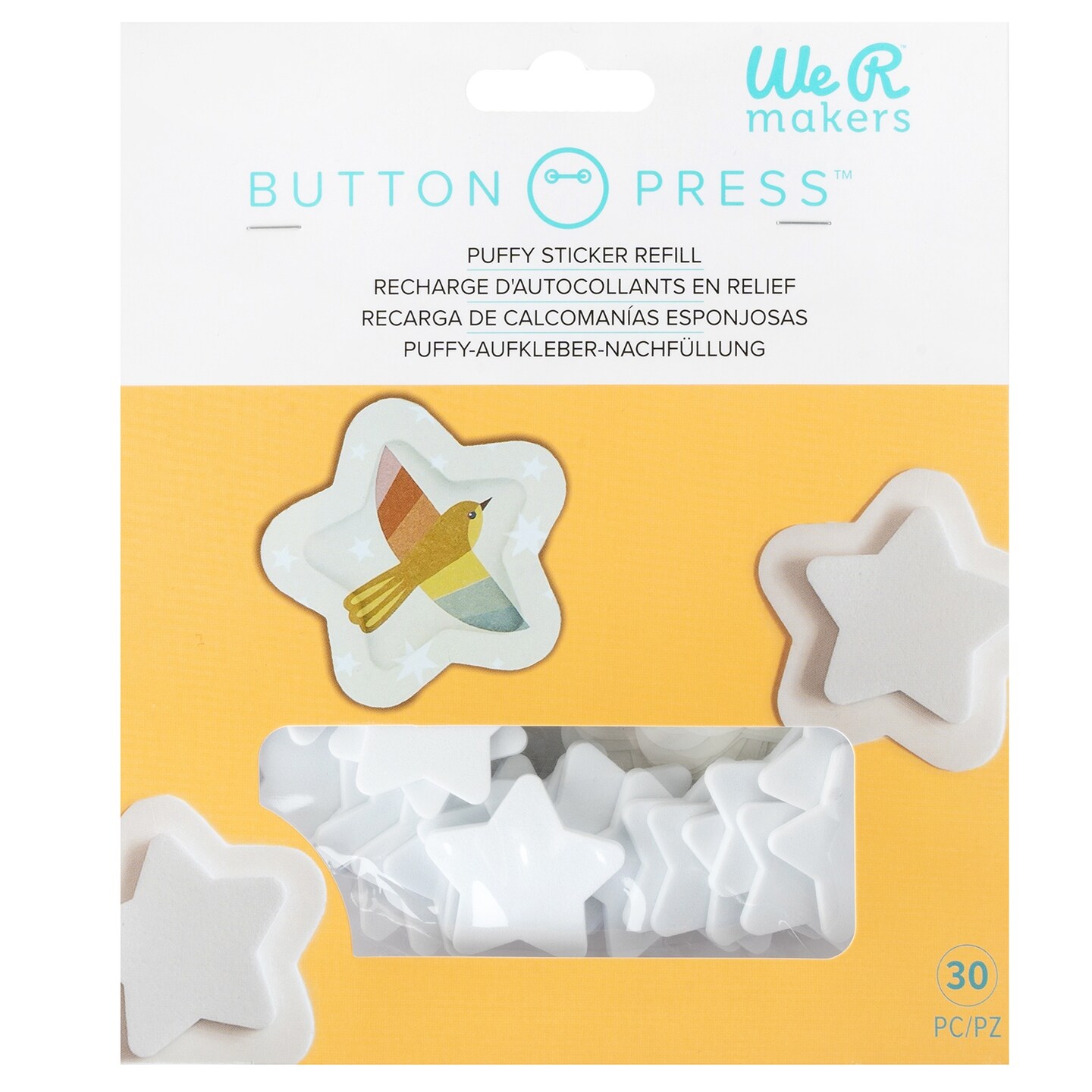 We R Button Press Puffy Sticker Refill-Star, Makes 15