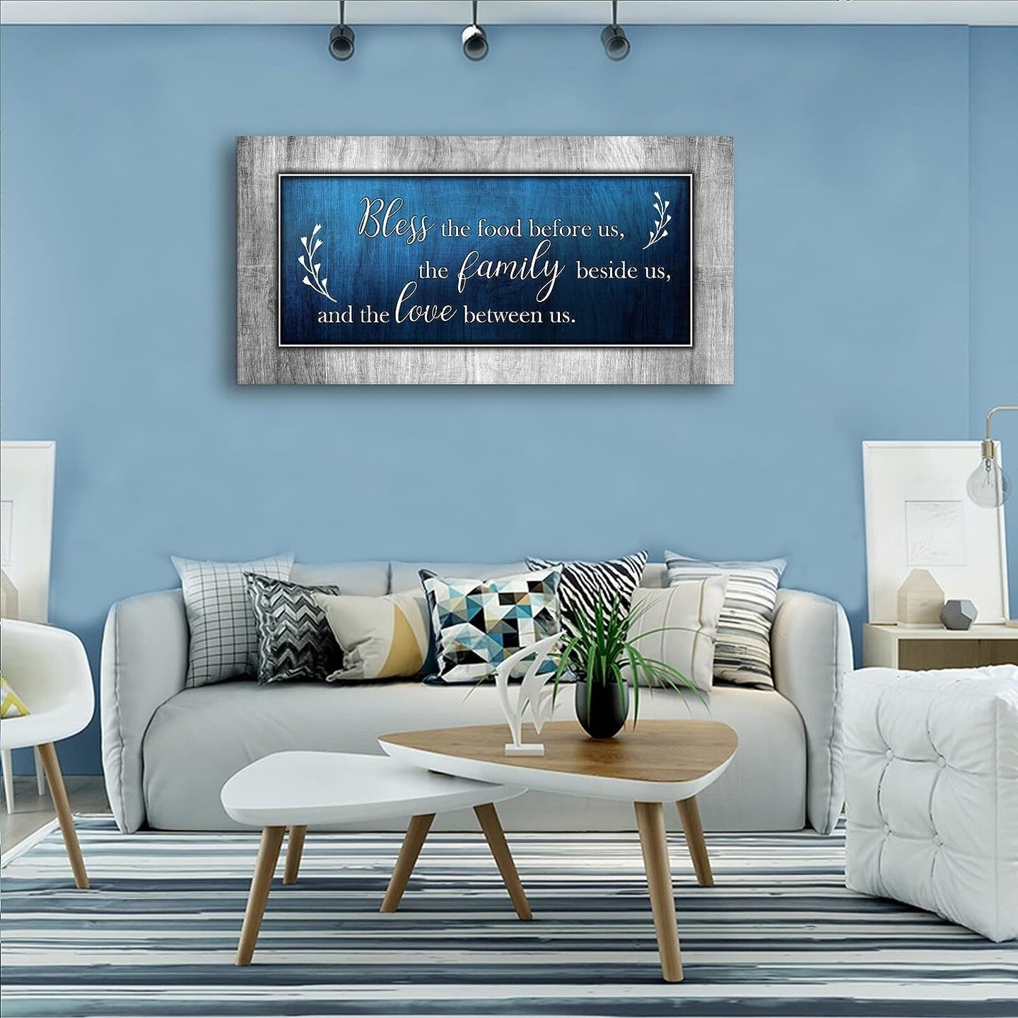 Christian Wall Art Decor Blue and Grey Canvas Prints Bless The Food Quote Wall Pictures Framed Artwork for Home Living Room Dining Room Kitchen Decoration