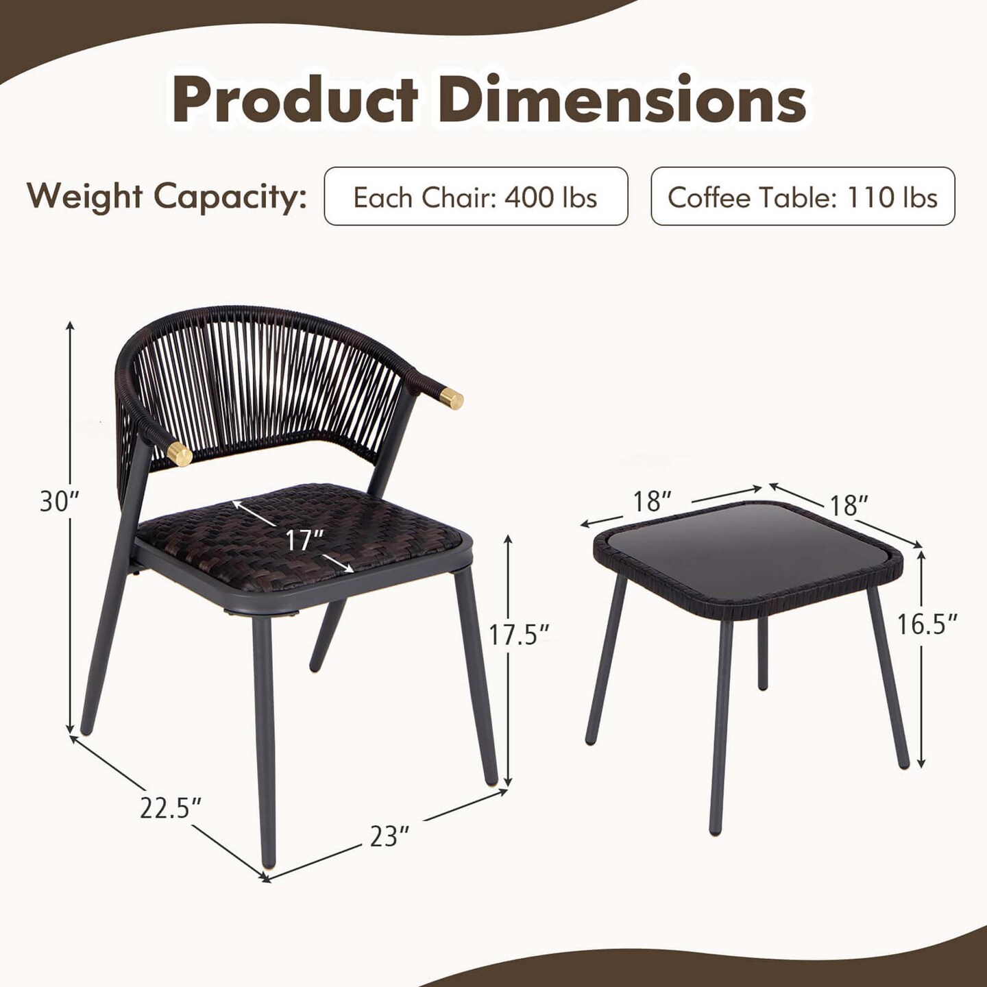 Costway 3 PCS Patio Rattan Furniture Set with Tempered Glass Tabletop Wicker Seat