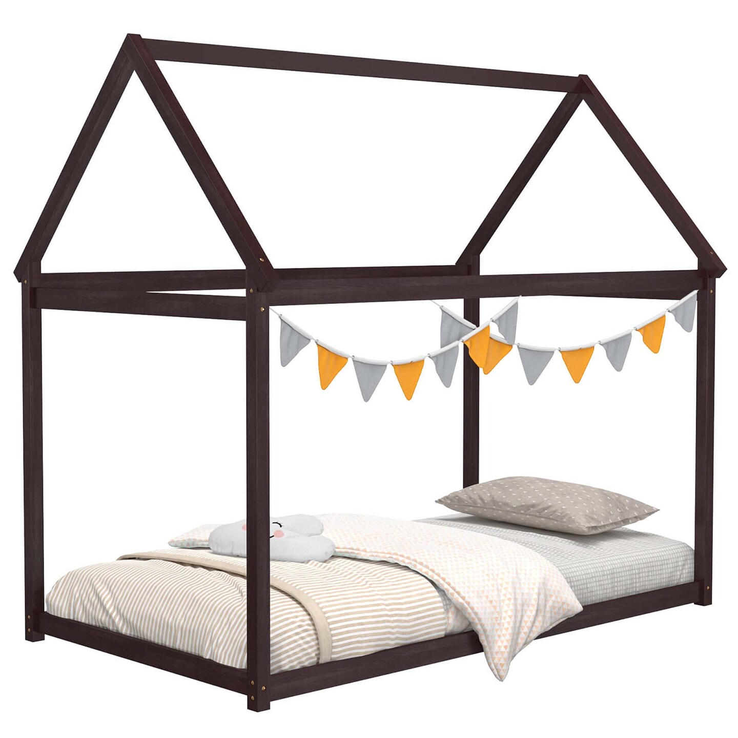 Costway Twin House Bed Wood Frame w/ Roof for Kids Toddler No Box Spring